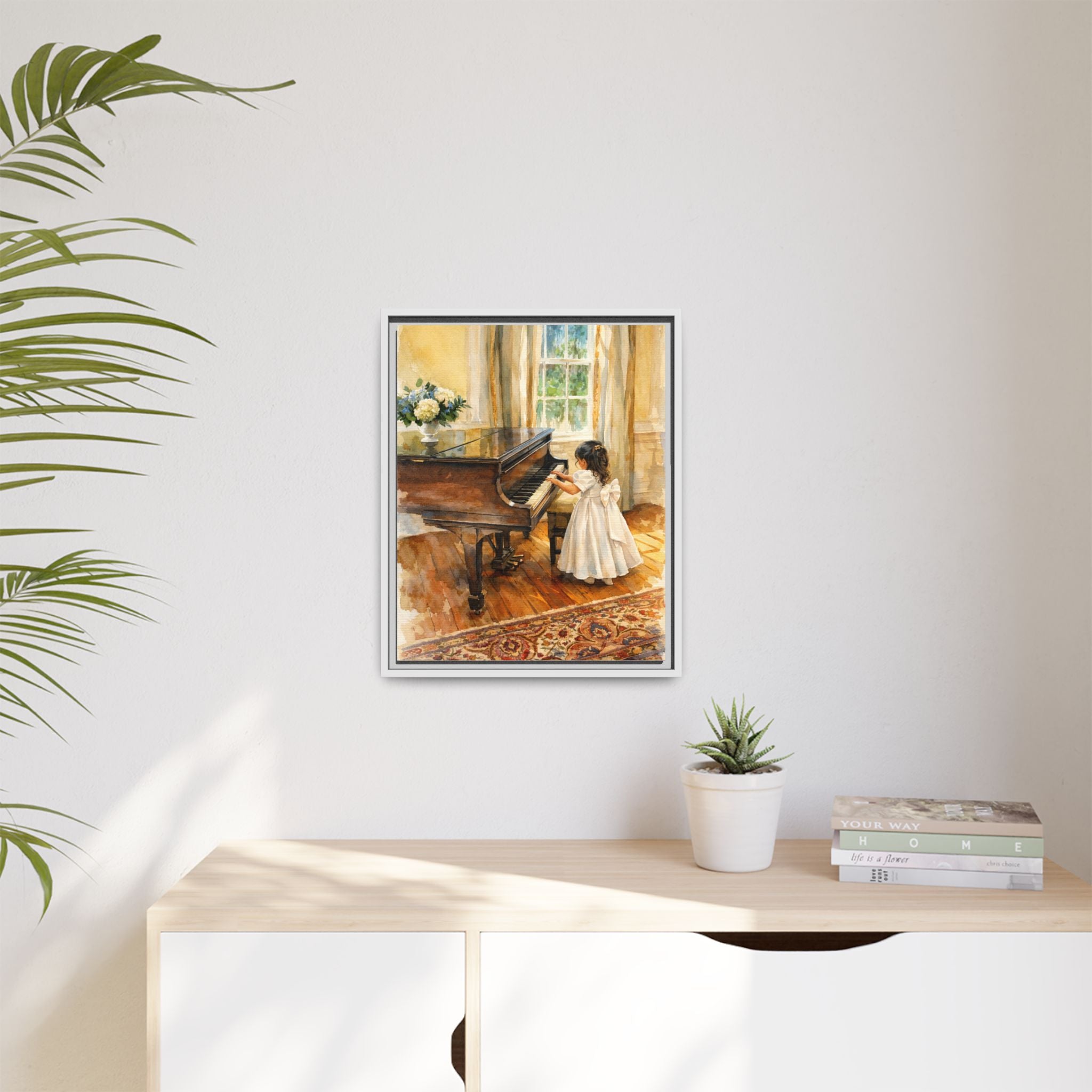 Framed Canvas Art - Little Girl at Piano Watercolor Print