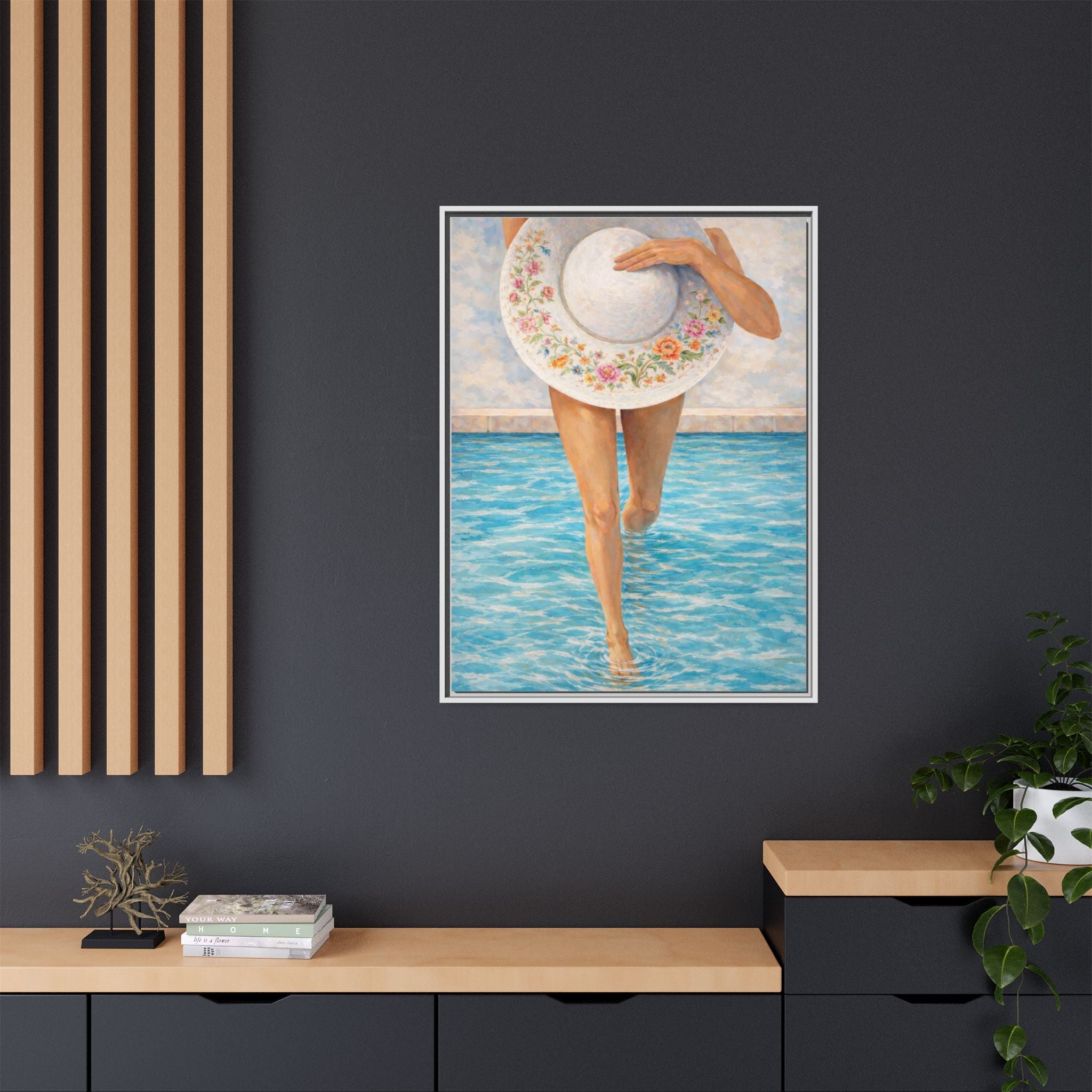 Summer Stroll Canvas Print — Woman with Floral Sun Hat Framed Art
