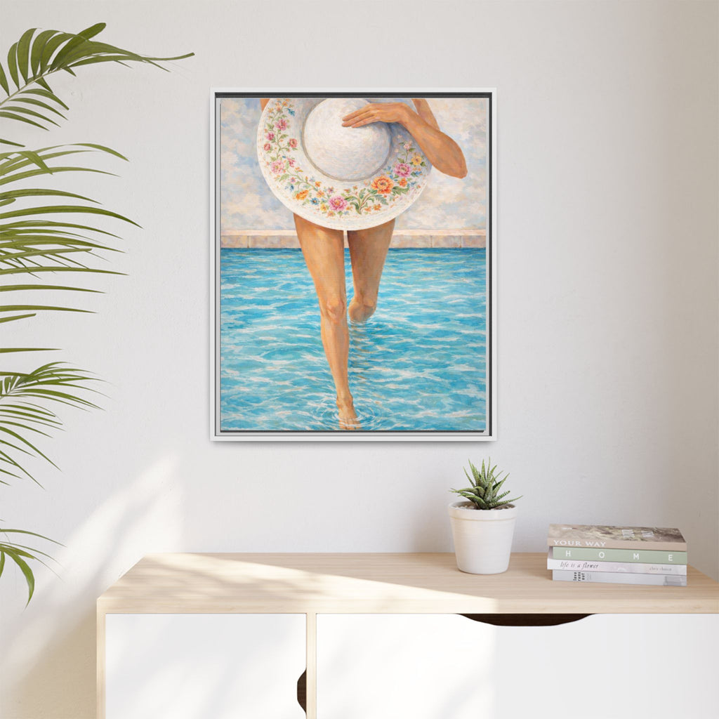 Summer Stroll Canvas Print — Woman with Floral Sun Hat Framed Art