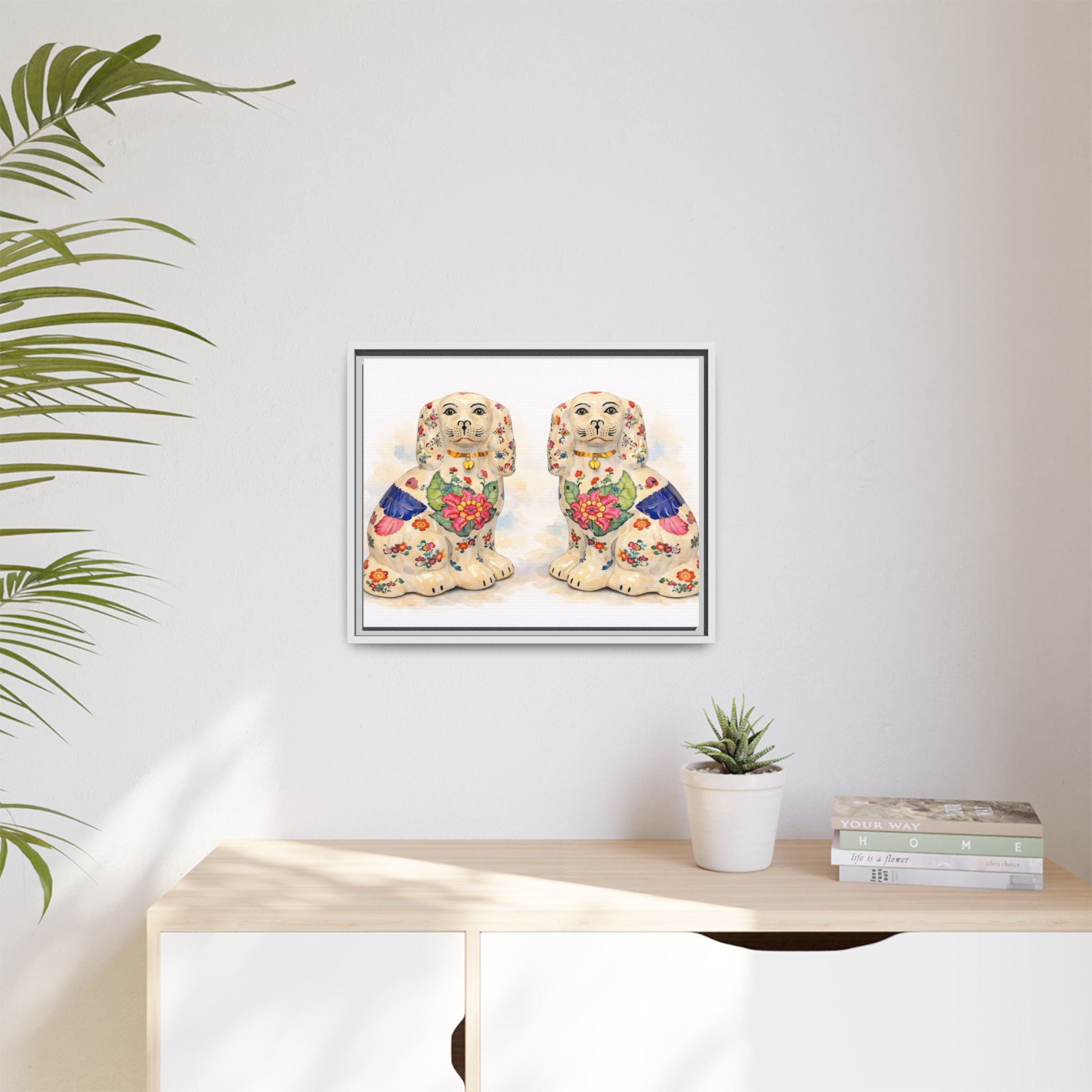 Framed Matte Canvas - Vintage Floral Staffordshire Spaniels Wall Art