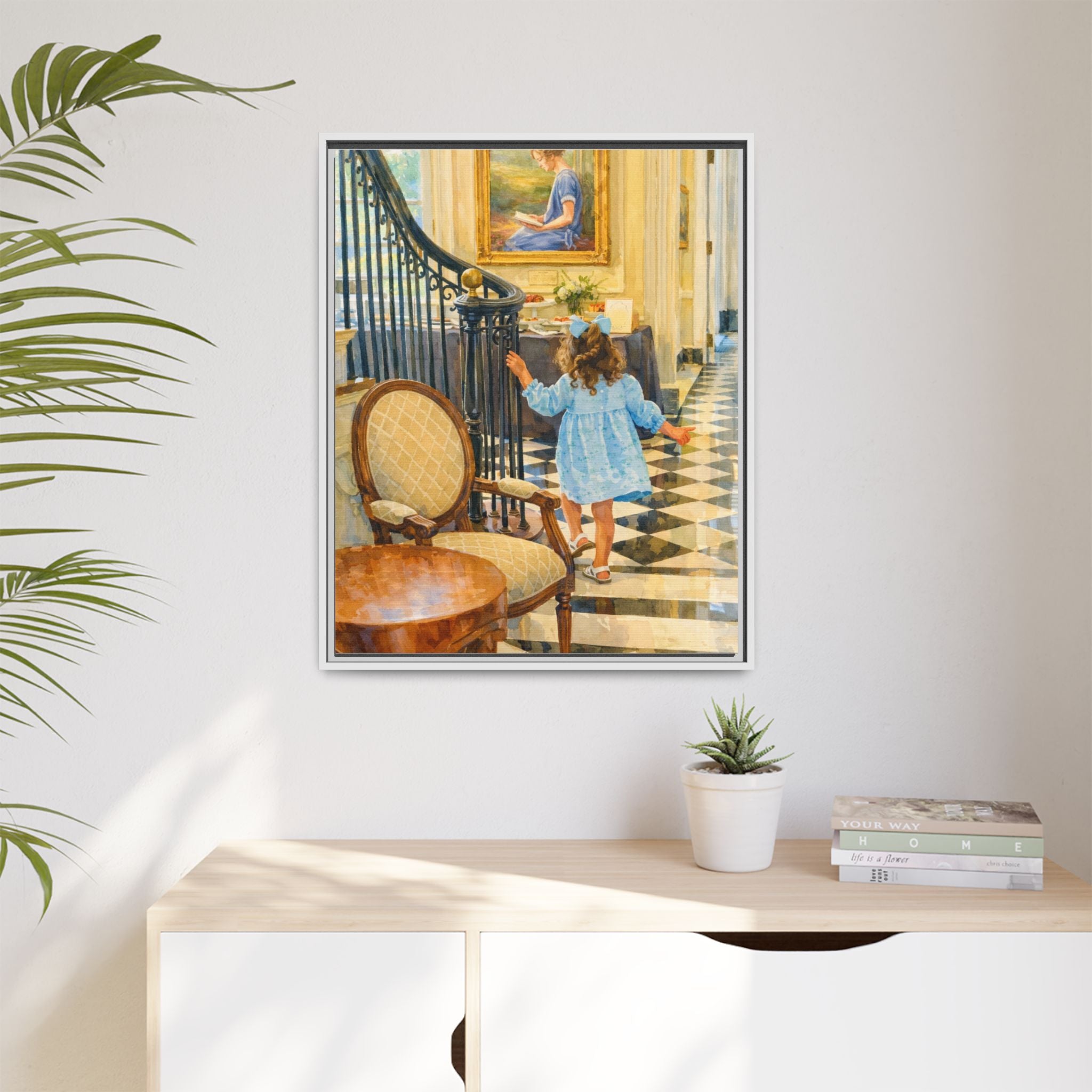Framed Canvas Art – Little Girl in Blue Dress Vintage Hallway Print