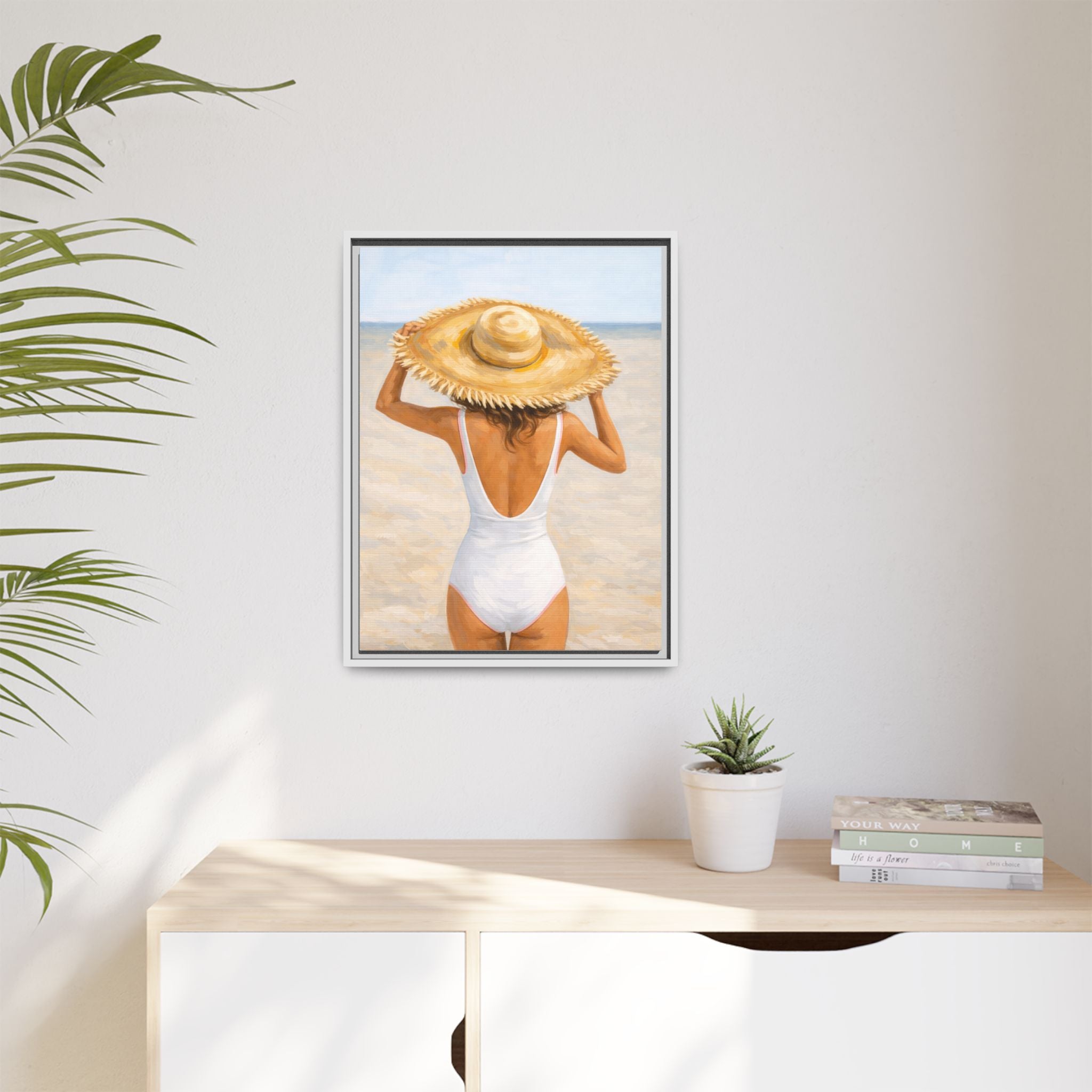 Framed Beach Canvas Print — Woman in Straw Hat Wall Art