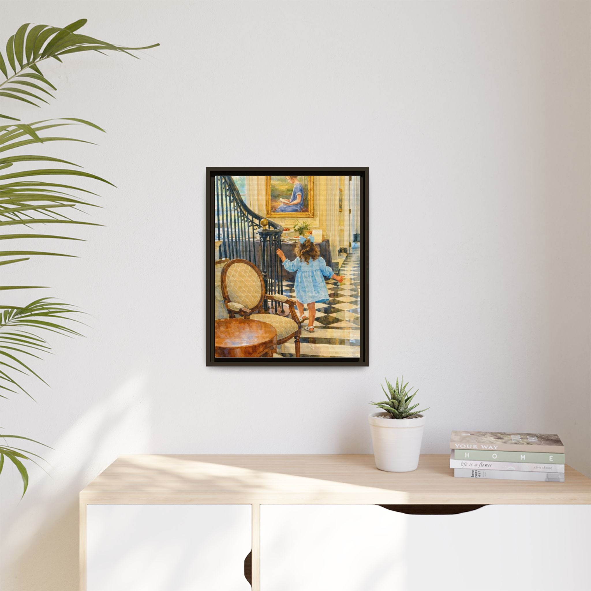 Framed Canvas Art – Little Girl in Blue Dress Vintage Hallway Print