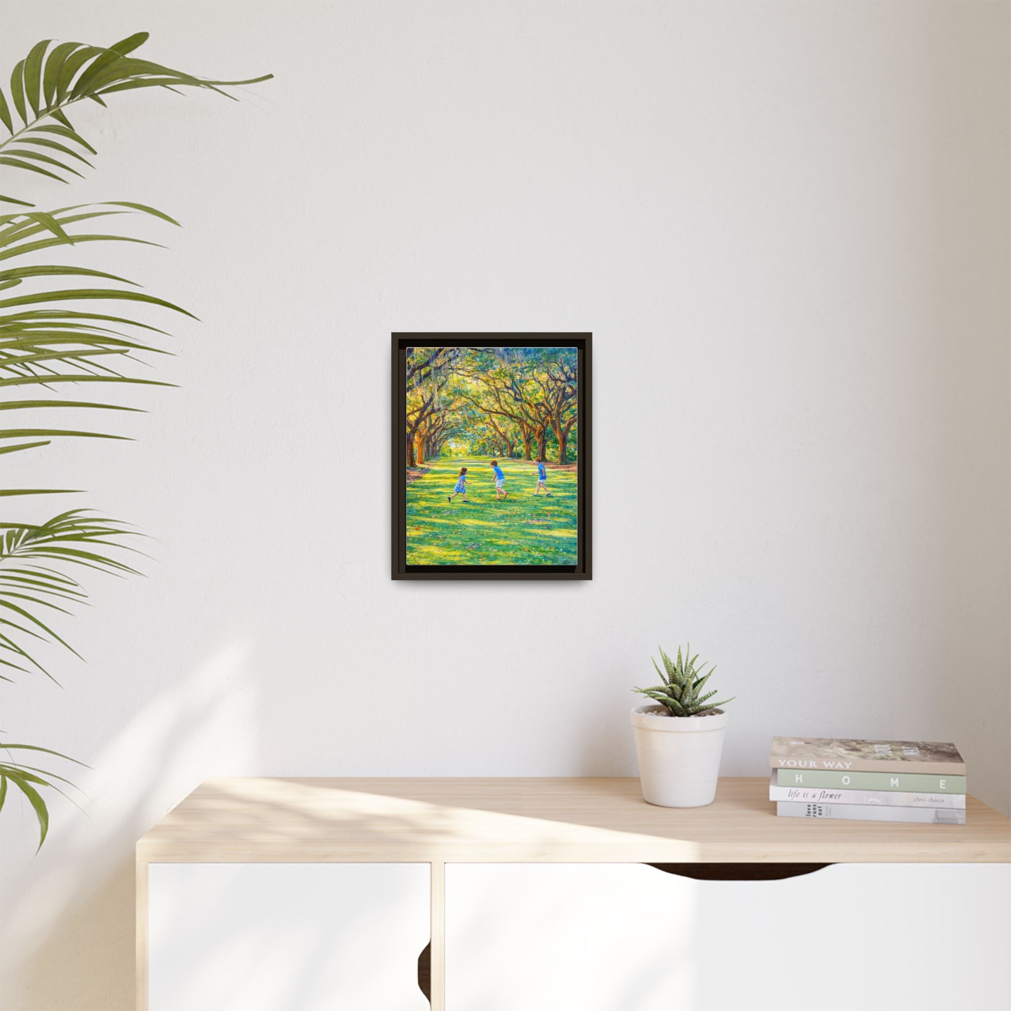 Framed Canvas Print — Children Playing Under Sunlit Oak Trees (Matte)