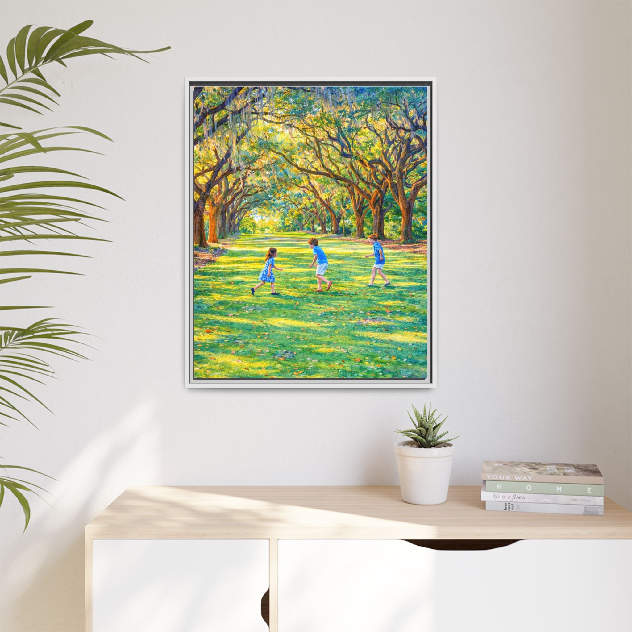 Framed Canvas Print — Children Playing Under Sunlit Oak Trees (Matte)