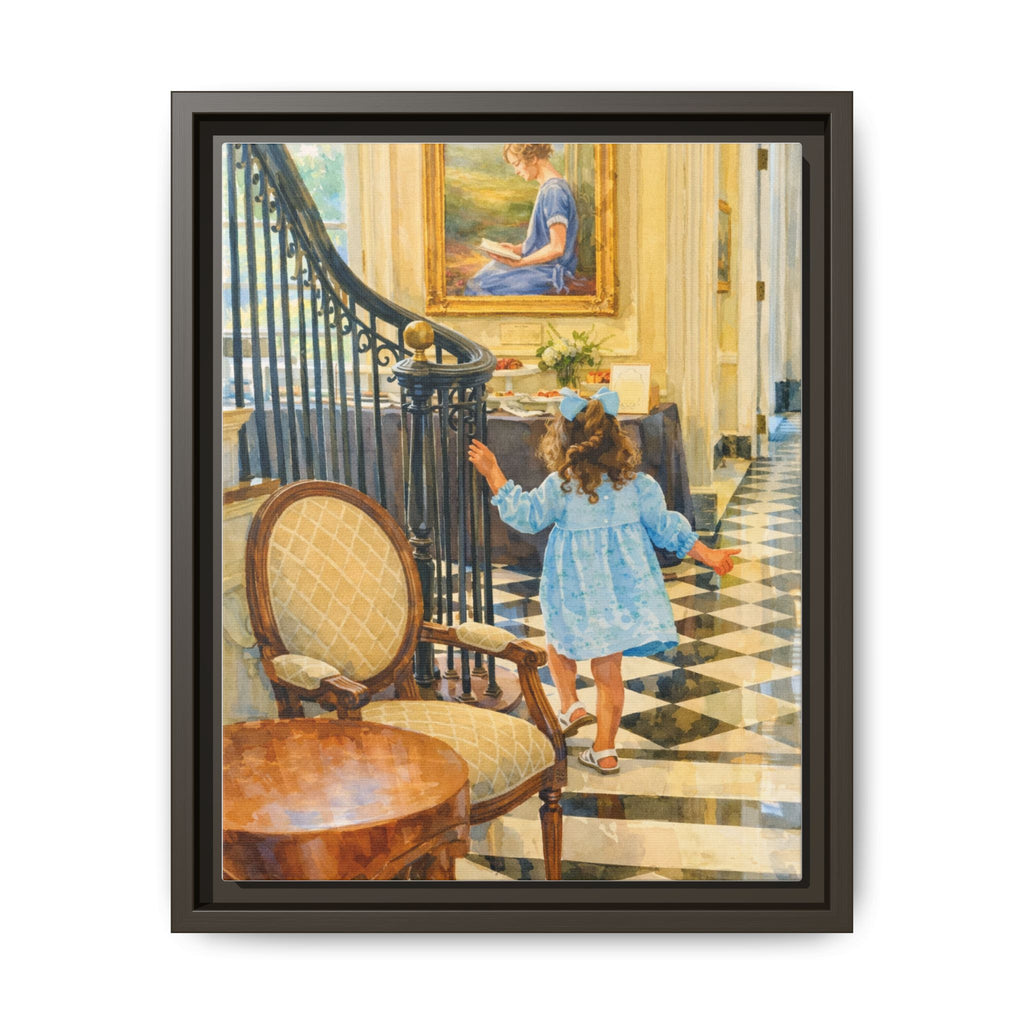 Framed Canvas Art – Little Girl in Blue Dress Vintage Hallway Print