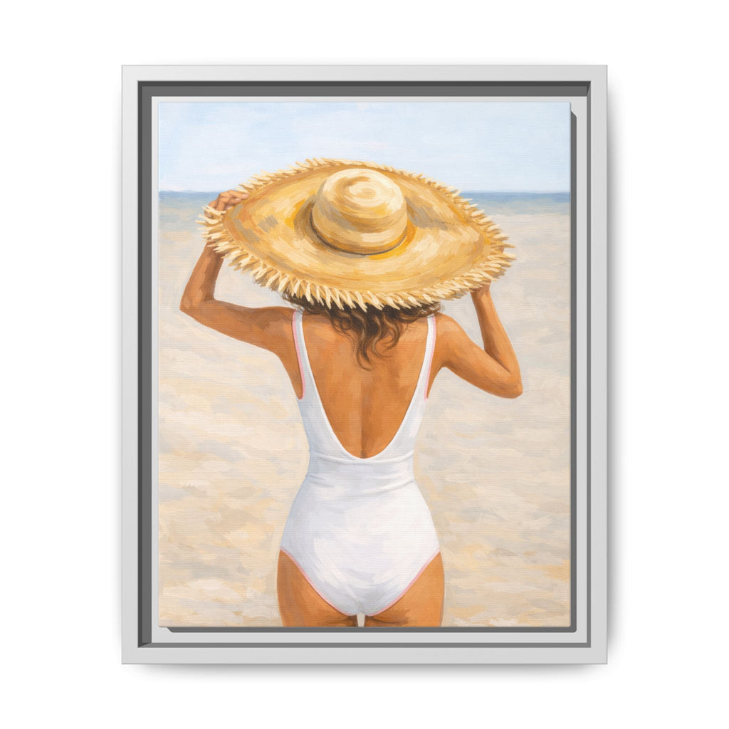 Framed Beach Canvas Print — Woman in Straw Hat Wall Art