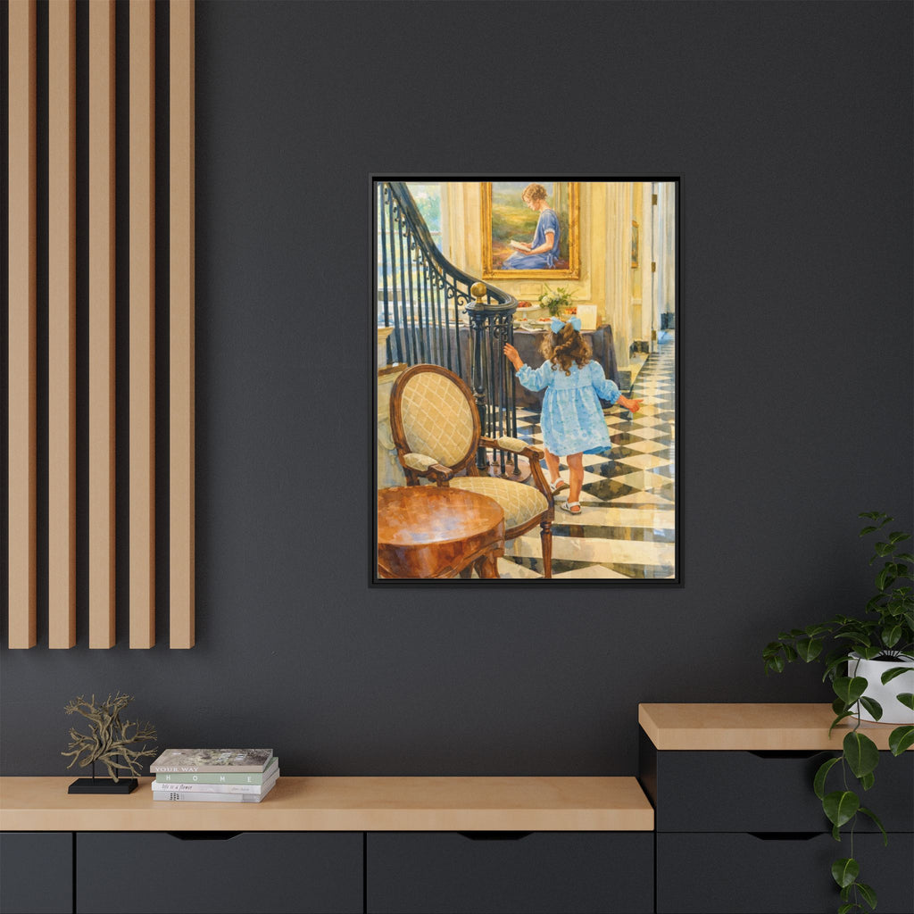Framed Canvas Art – Little Girl in Blue Dress Vintage Hallway Print