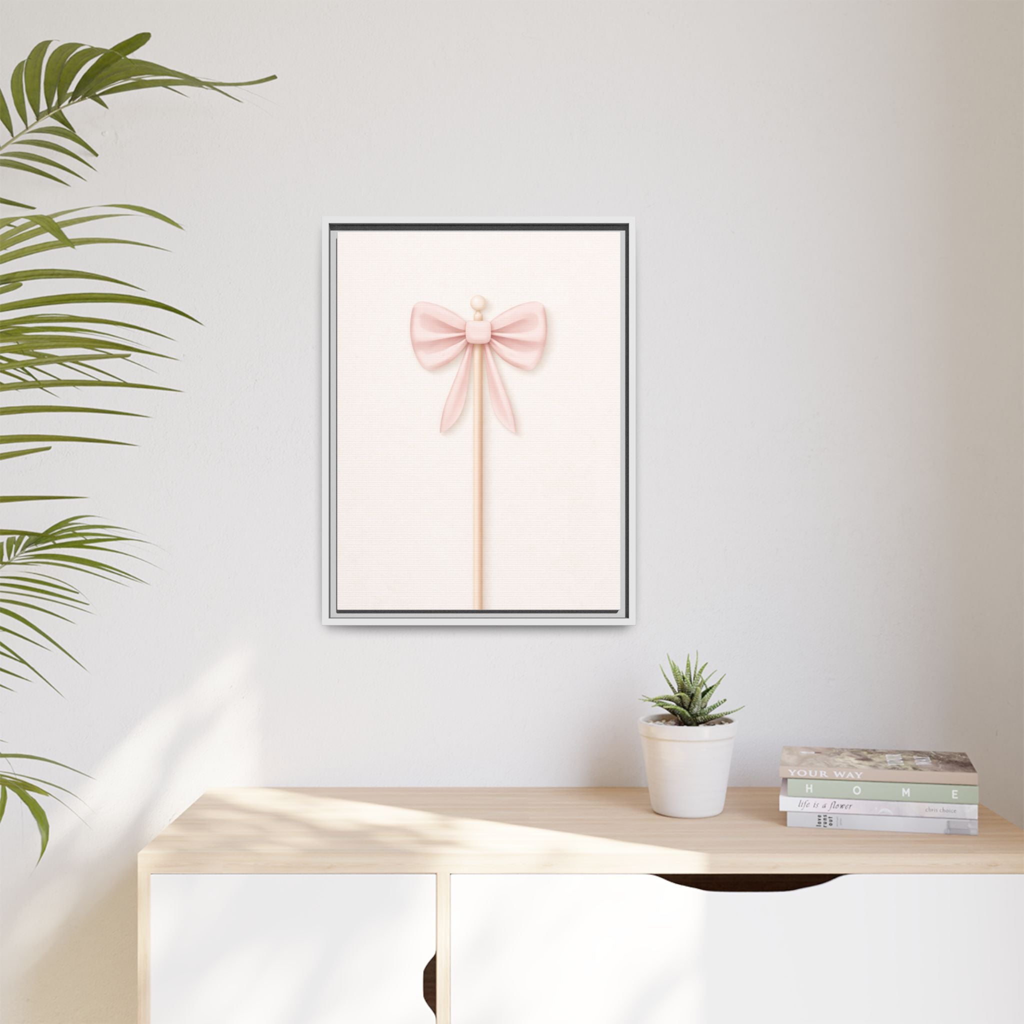 Framed Matte Canvas Print — Soft Pink Ribbon Bow Wall Art