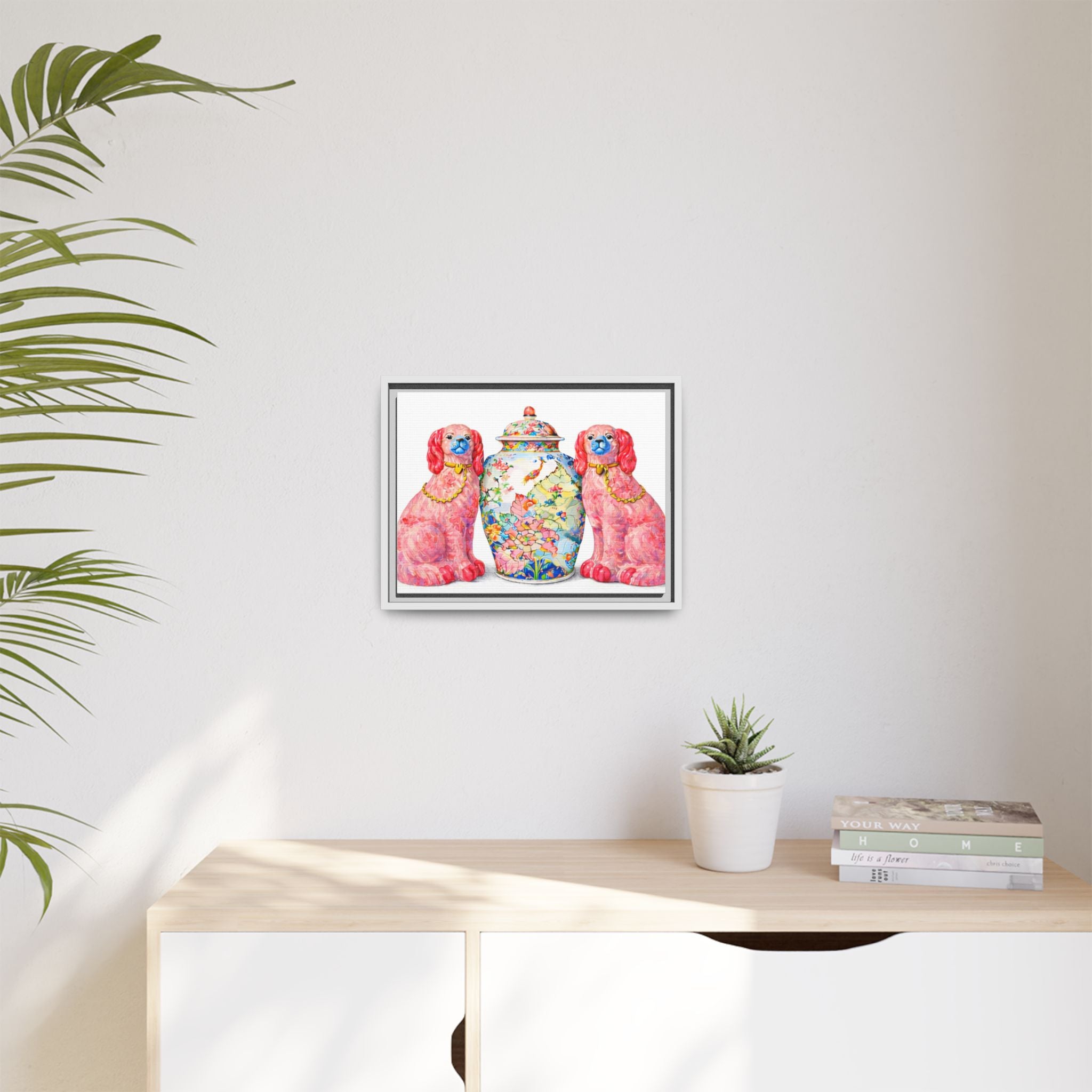 Pink Staffordshire Dogs & Floral Ginger Jar Framed Canvas