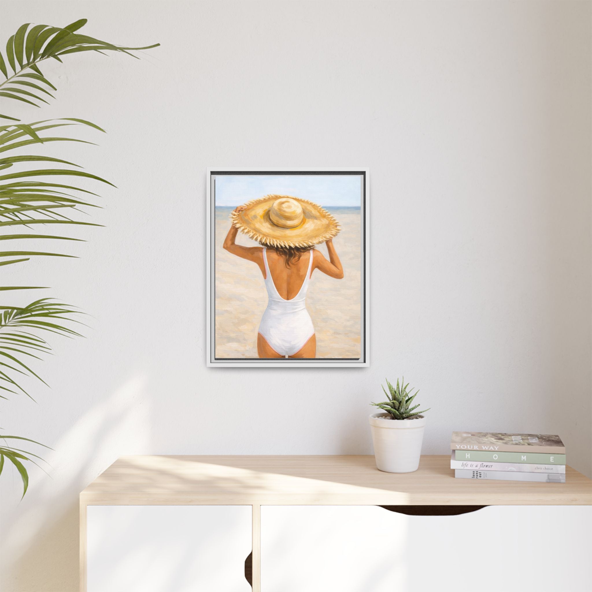 Framed Beach Canvas Print — Woman in Straw Hat Wall Art