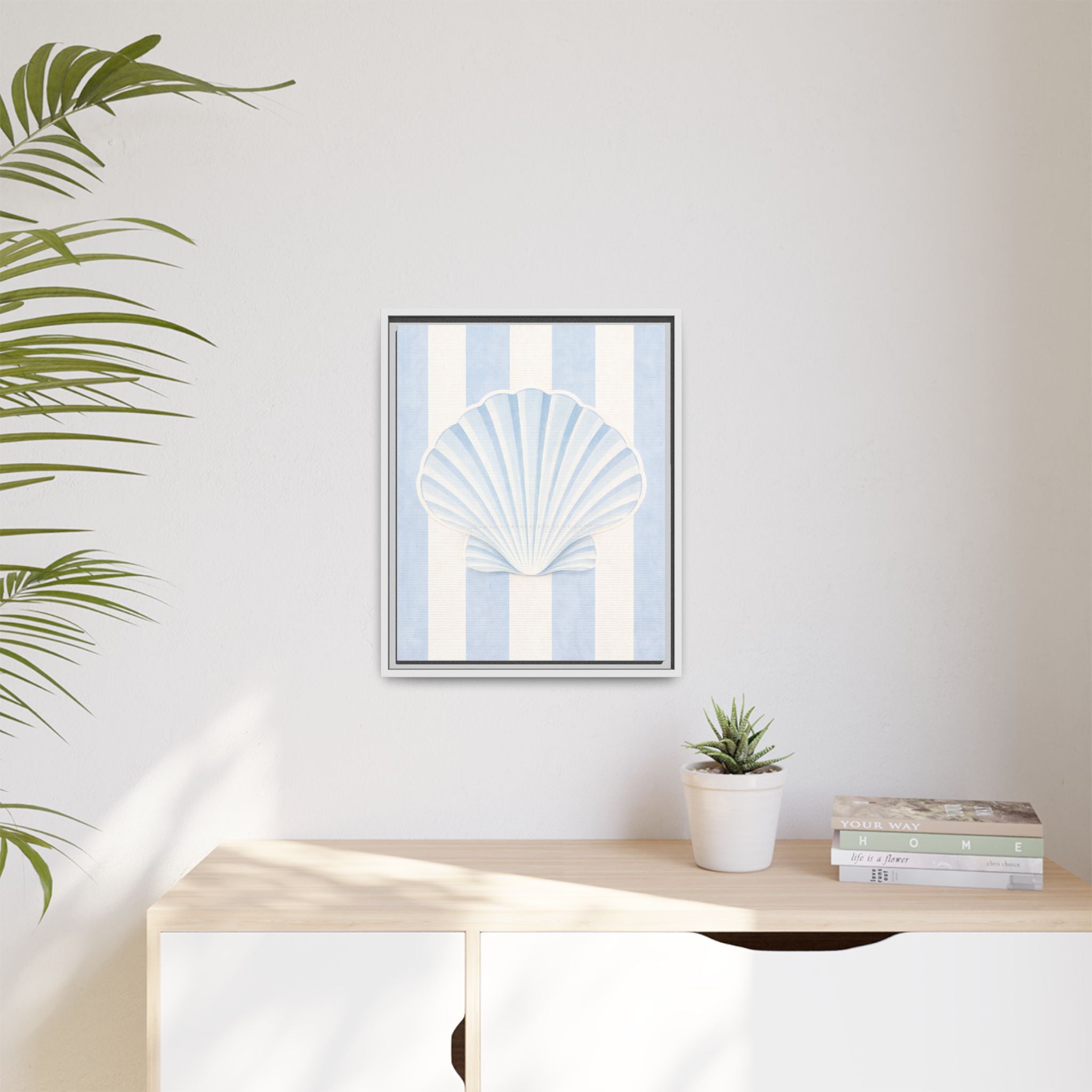 Seashell Stripes Framed Canvas Art — Coastal Blue Wall Decor