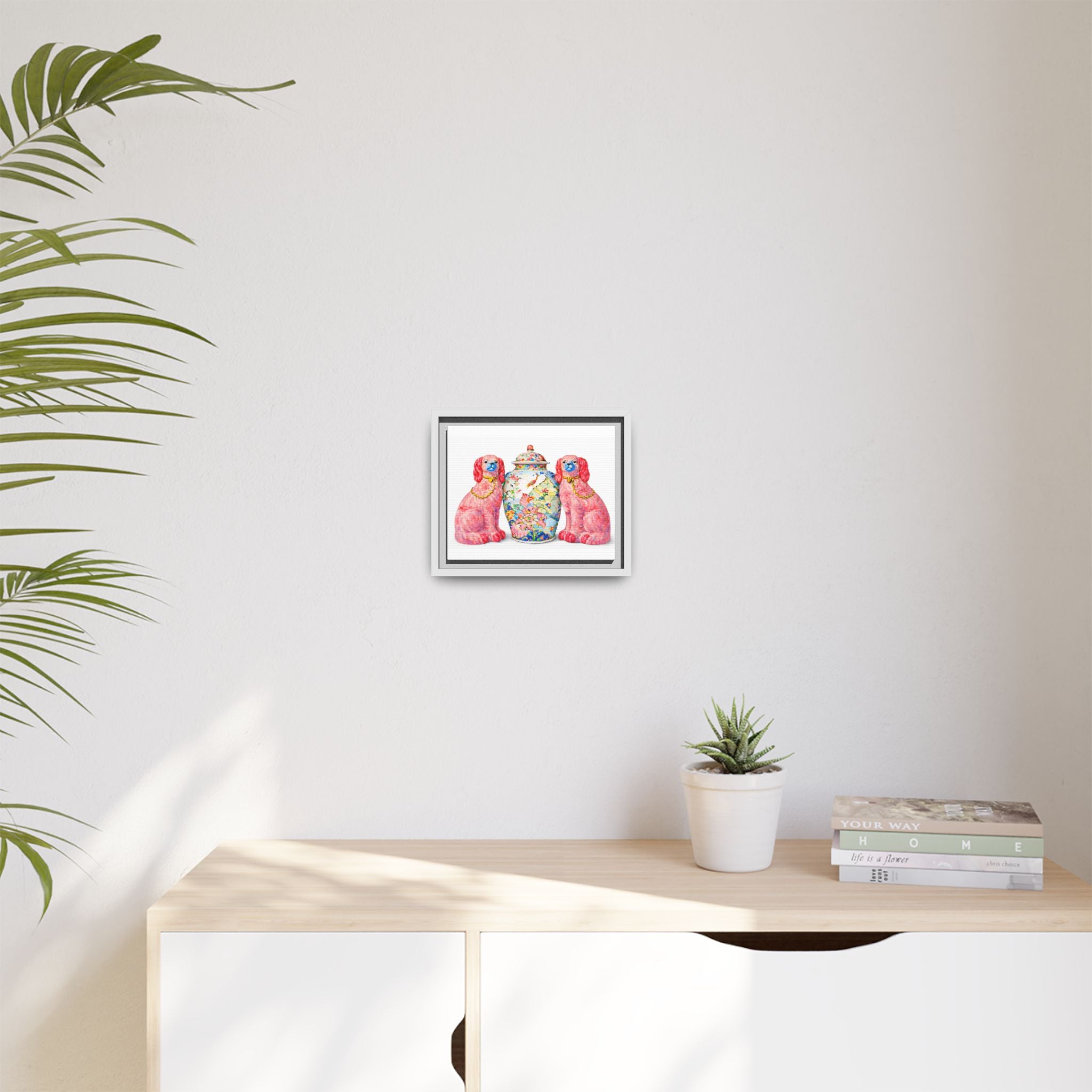 Pink Staffordshire Dogs & Floral Ginger Jar Framed Canvas