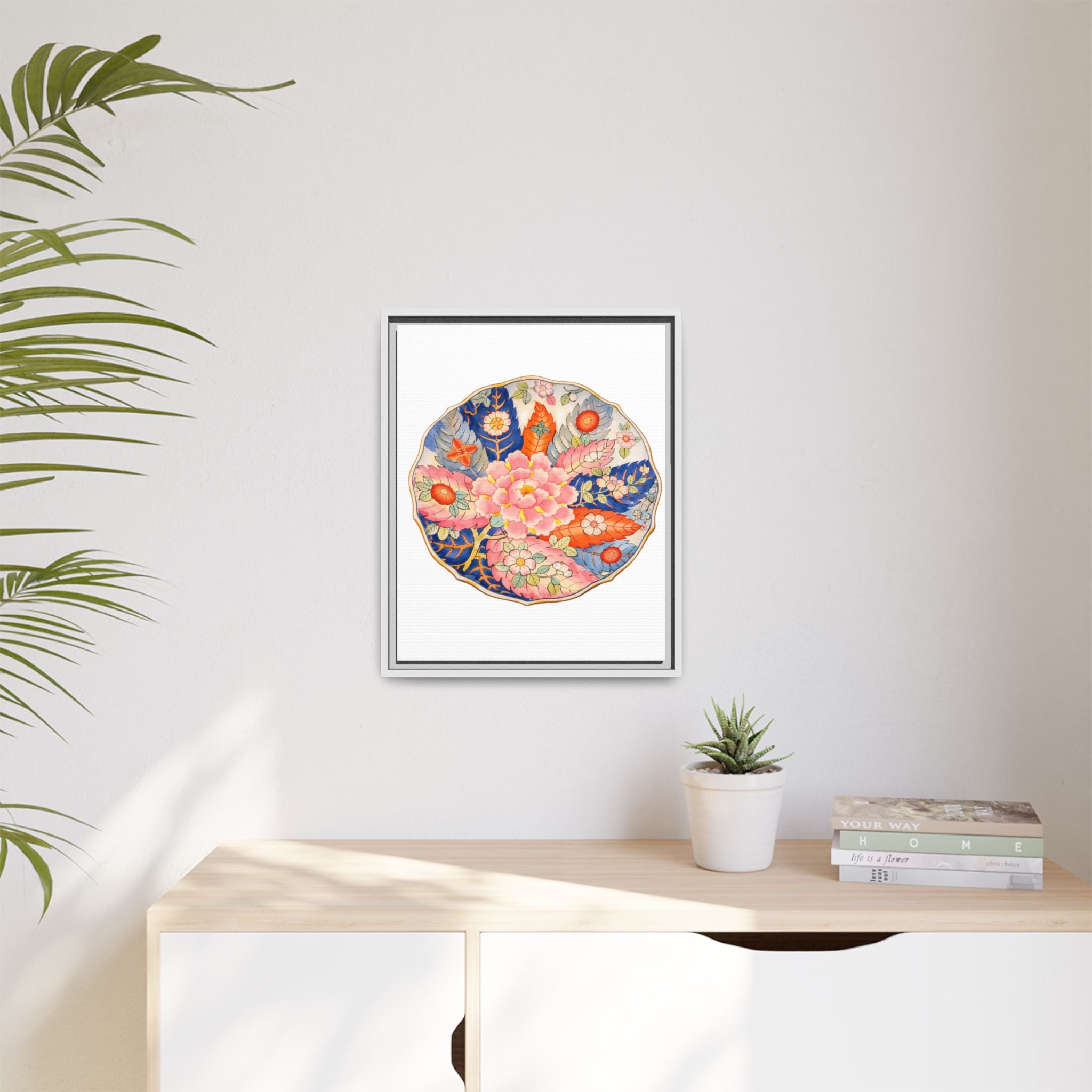 Floral Medallion Framed Canvas Art — Vintage Botanical Wall Decor