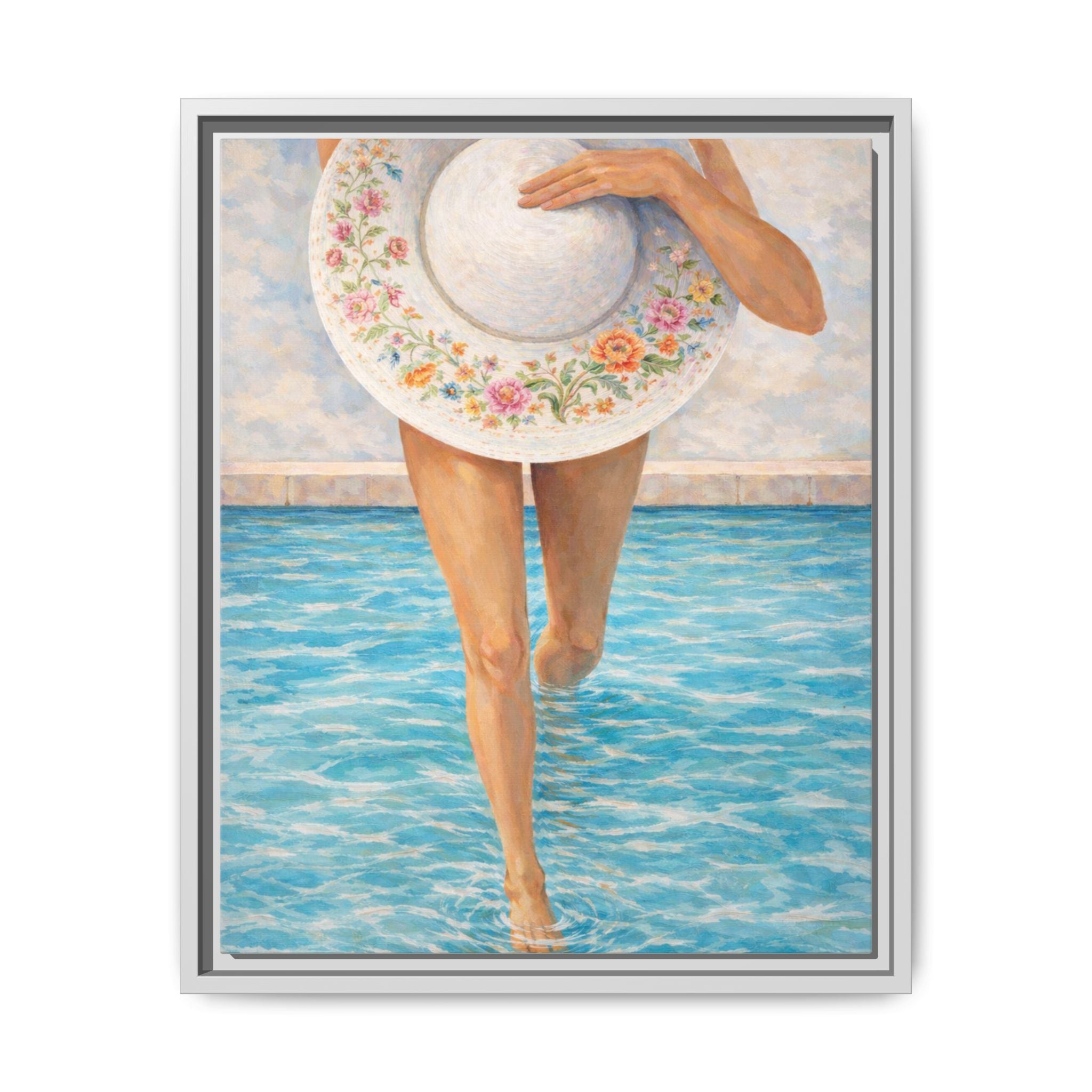Summer Stroll Canvas Print — Woman with Floral Sun Hat Framed Art