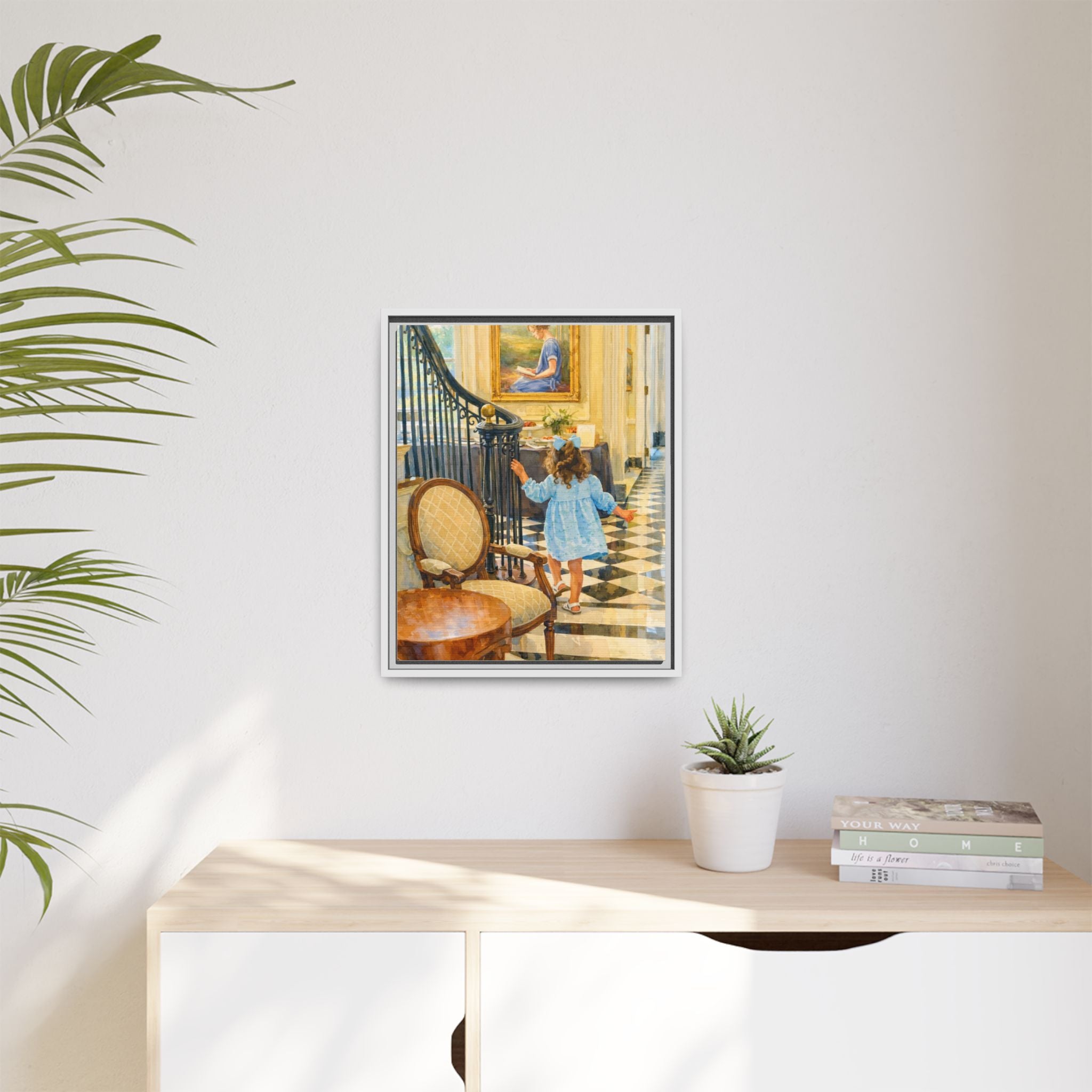 Framed Canvas Art – Little Girl in Blue Dress Vintage Hallway Print