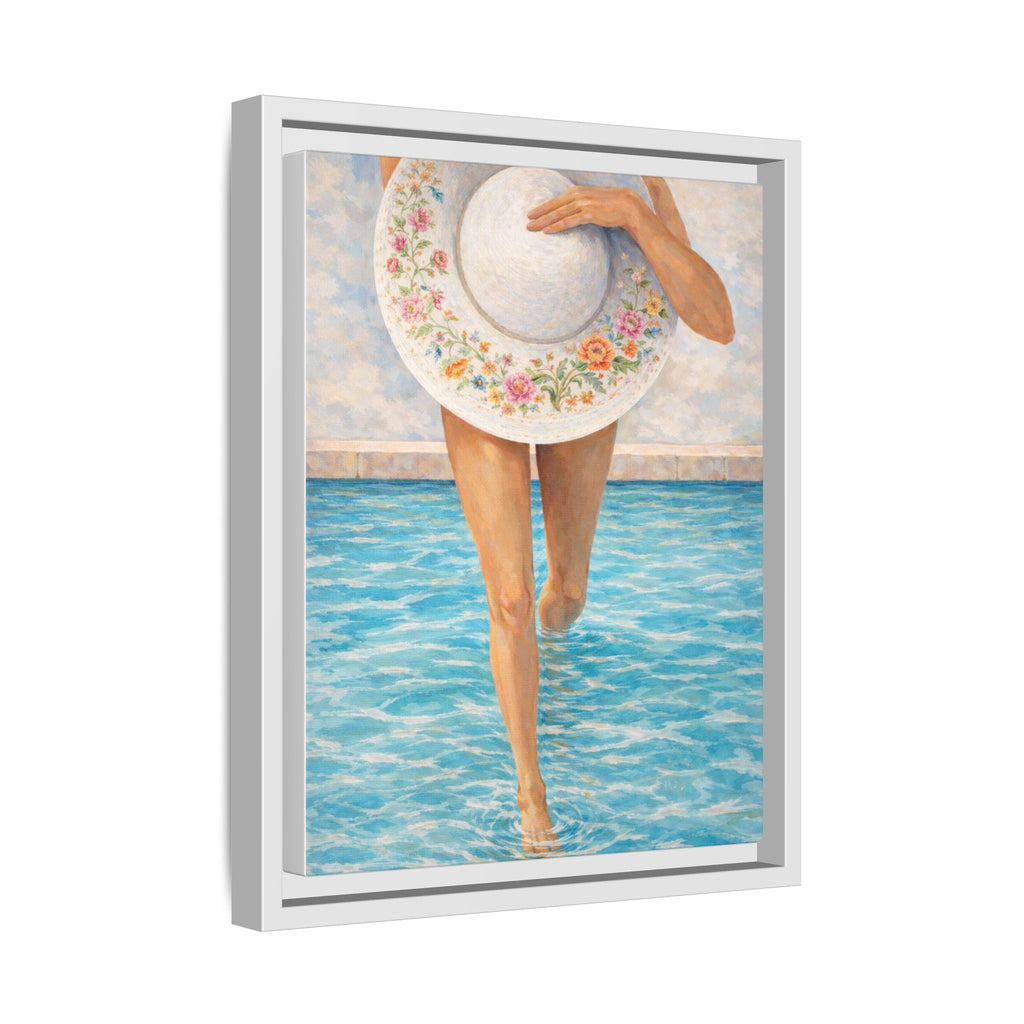 Summer Stroll Canvas Print — Woman with Floral Sun Hat Framed Art