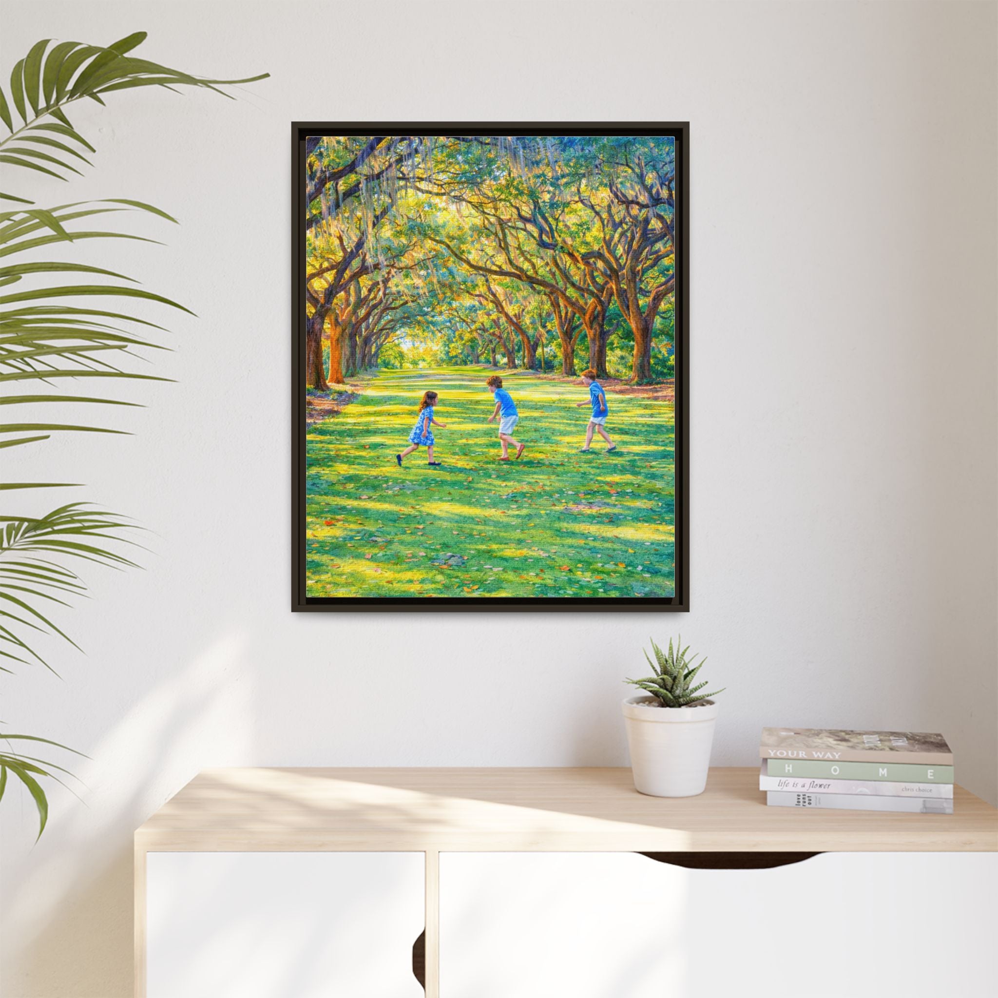 Framed Canvas Print — Children Playing Under Sunlit Oak Trees (Matte)