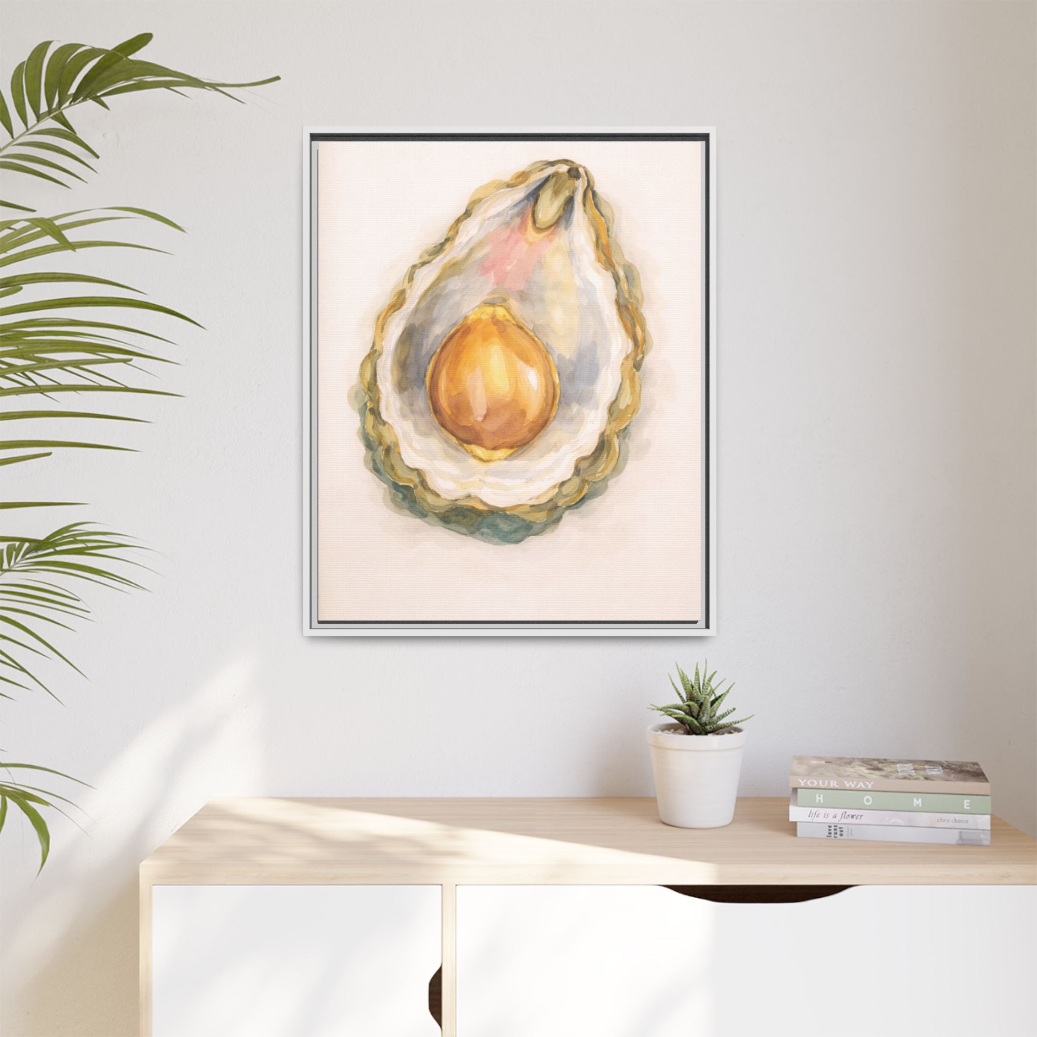 Oyster Pearl Watercolor Framed Canvas Print