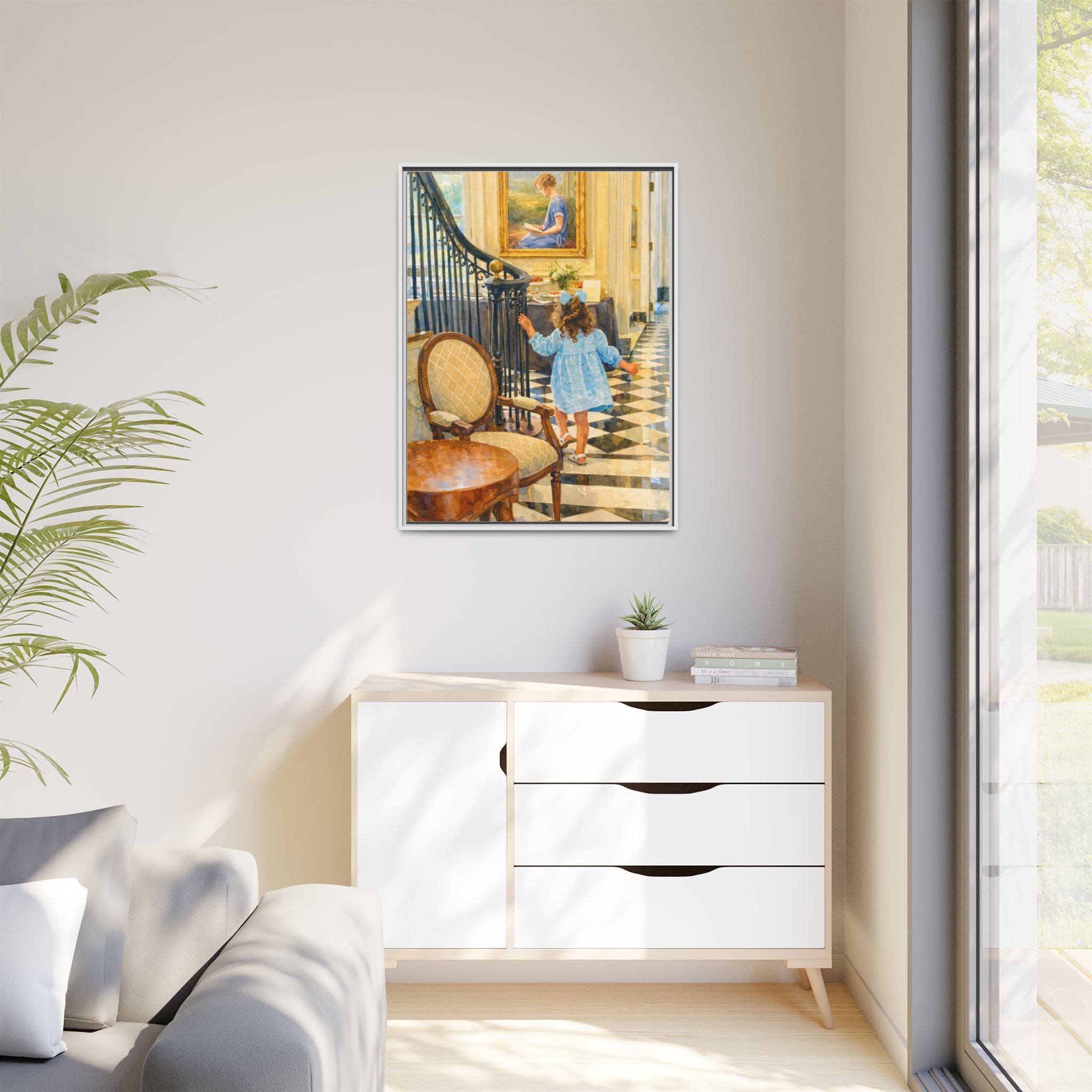 Framed Canvas Art – Little Girl in Blue Dress Vintage Hallway Print
