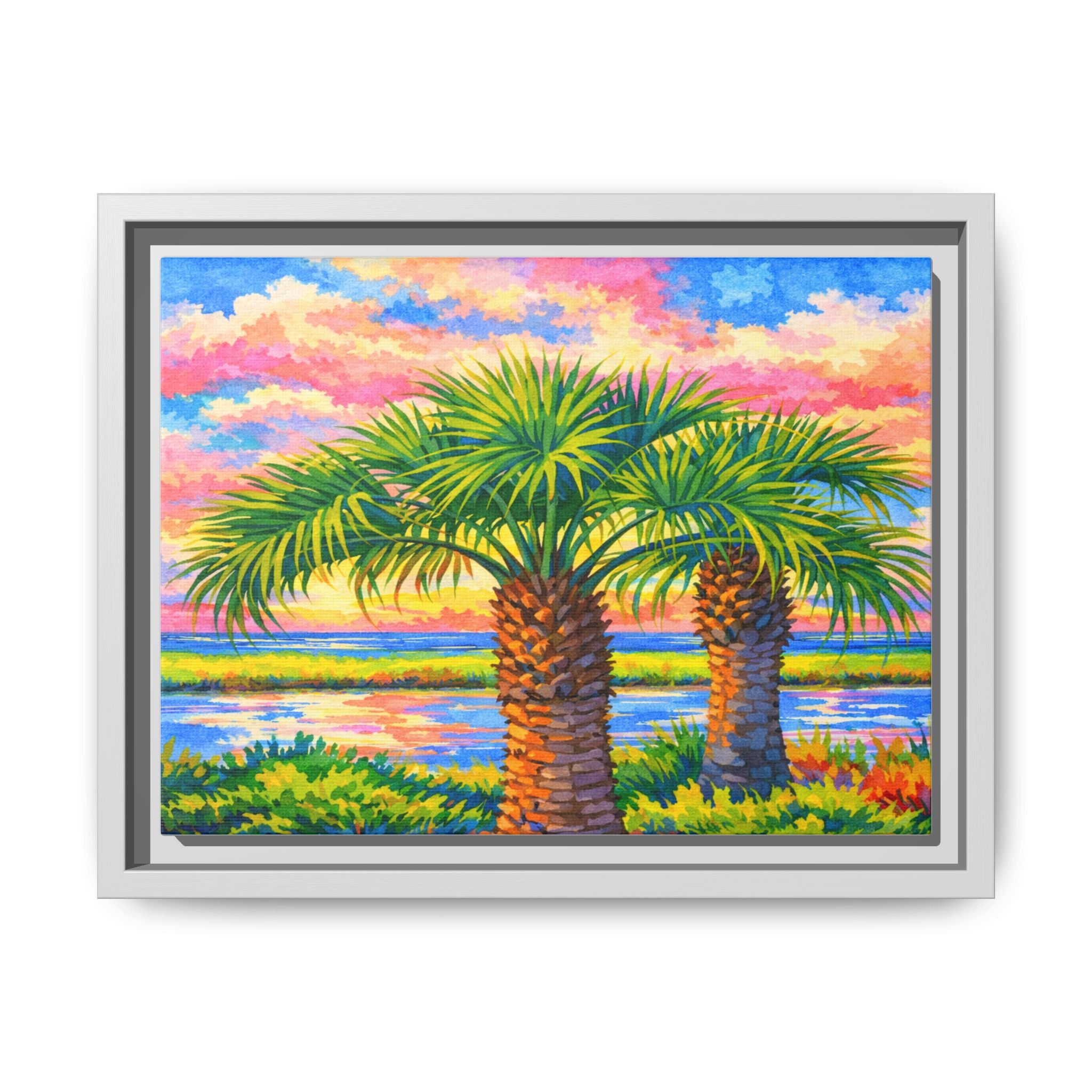 Framed Palm Tree Canvas Print — Tropical Sunset Wall Art