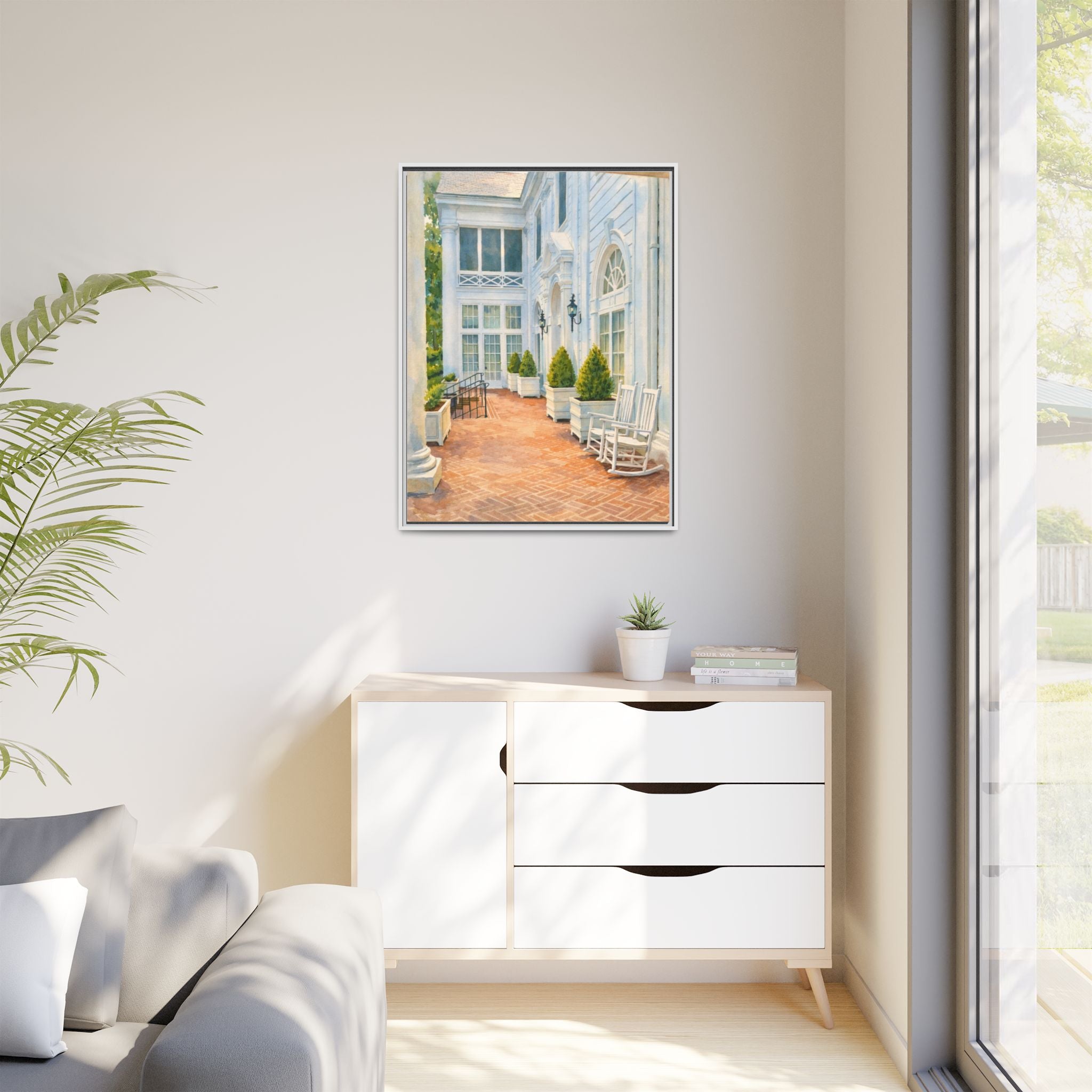 Framed Matte Canvas Print — Sunny Southern Porch Painting - The Duke Mansion
