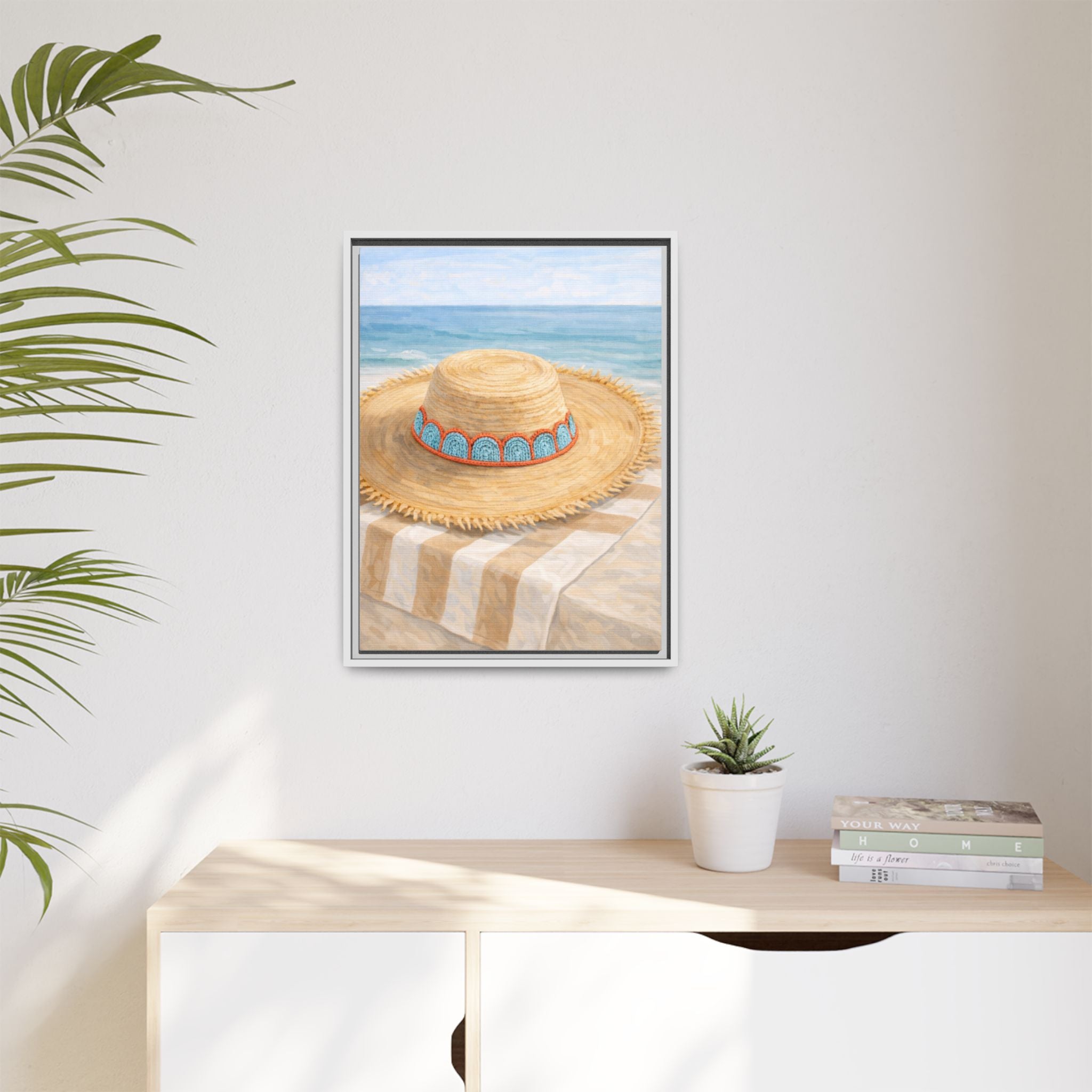 Beach Straw Hat Framed Canvas Print — Coastal Wall Art