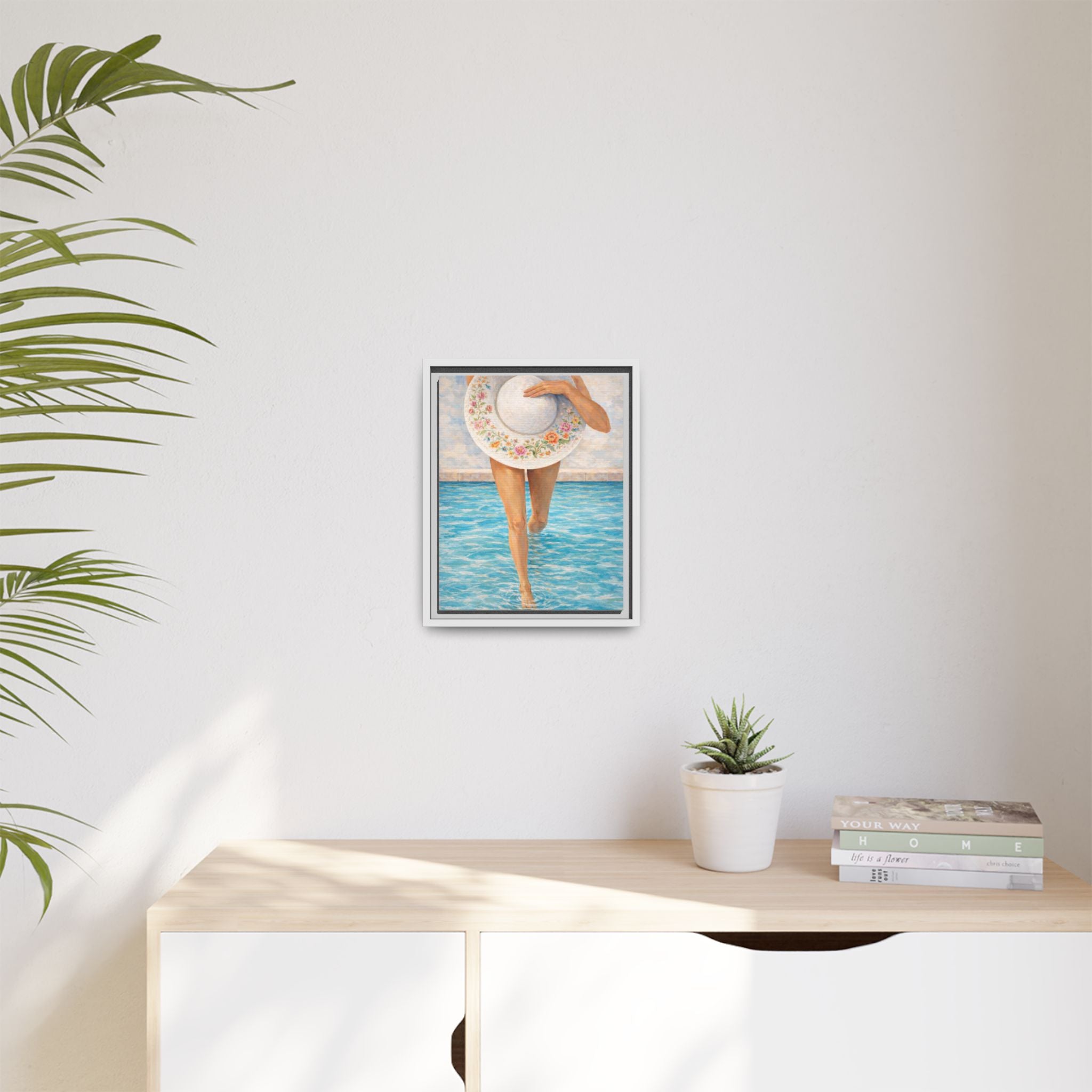 Summer Stroll Canvas Print — Woman with Floral Sun Hat Framed Art