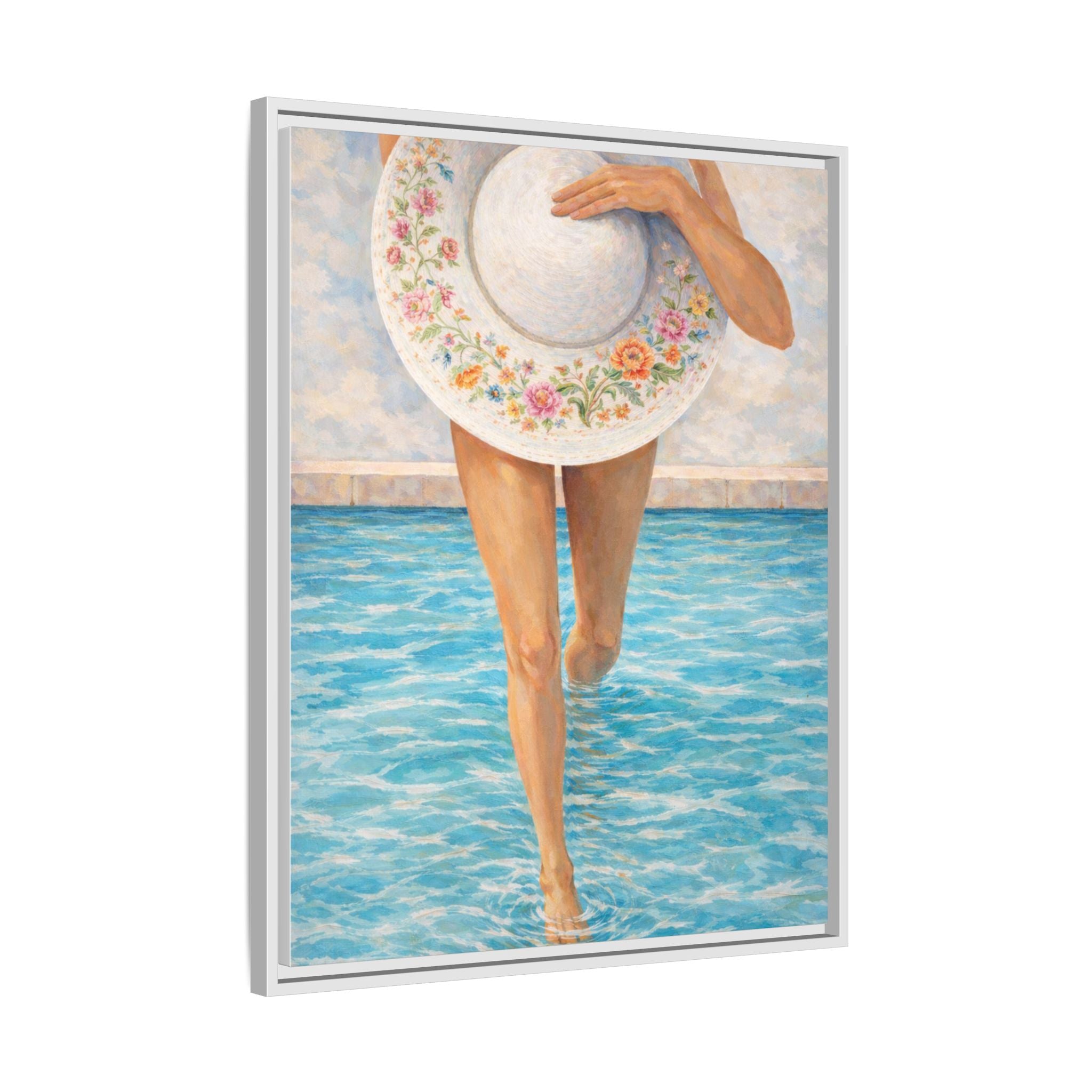Summer Stroll Canvas Print — Woman with Floral Sun Hat Framed Art