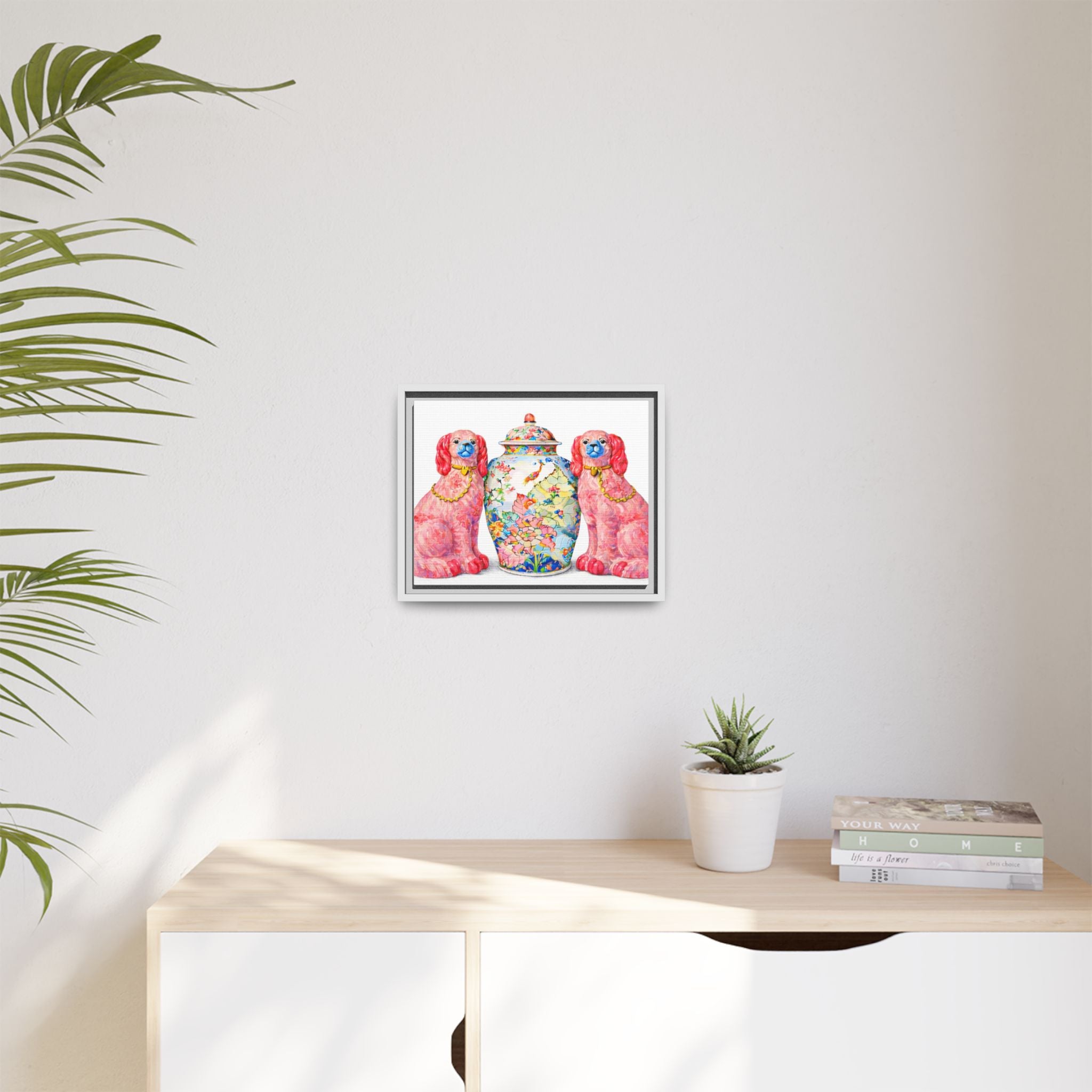 Pink Staffordshire Dogs & Floral Ginger Jar Framed Canvas