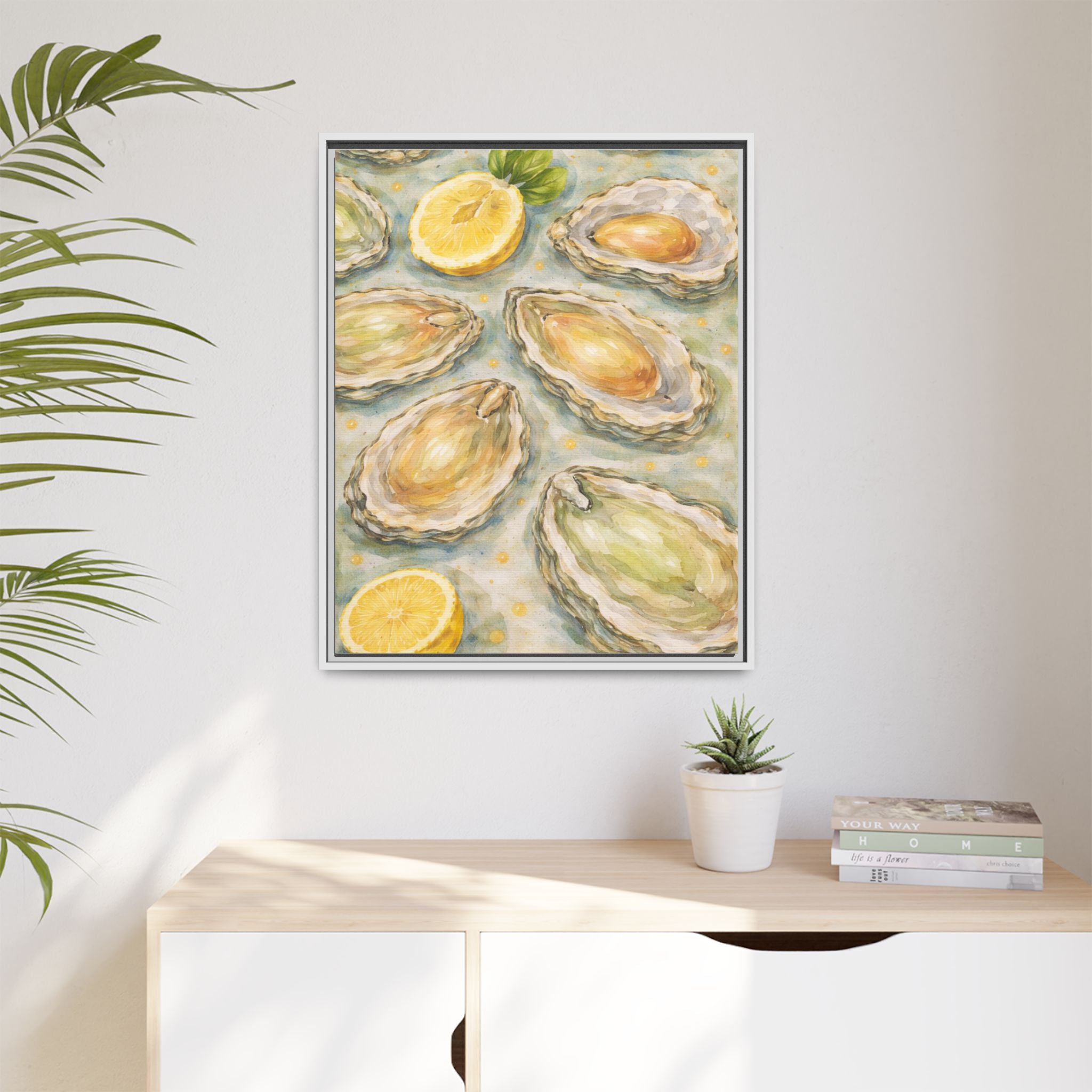 Framed Oyster & Lemon Canvas Art — Coastal Kitchen Wall Decor
