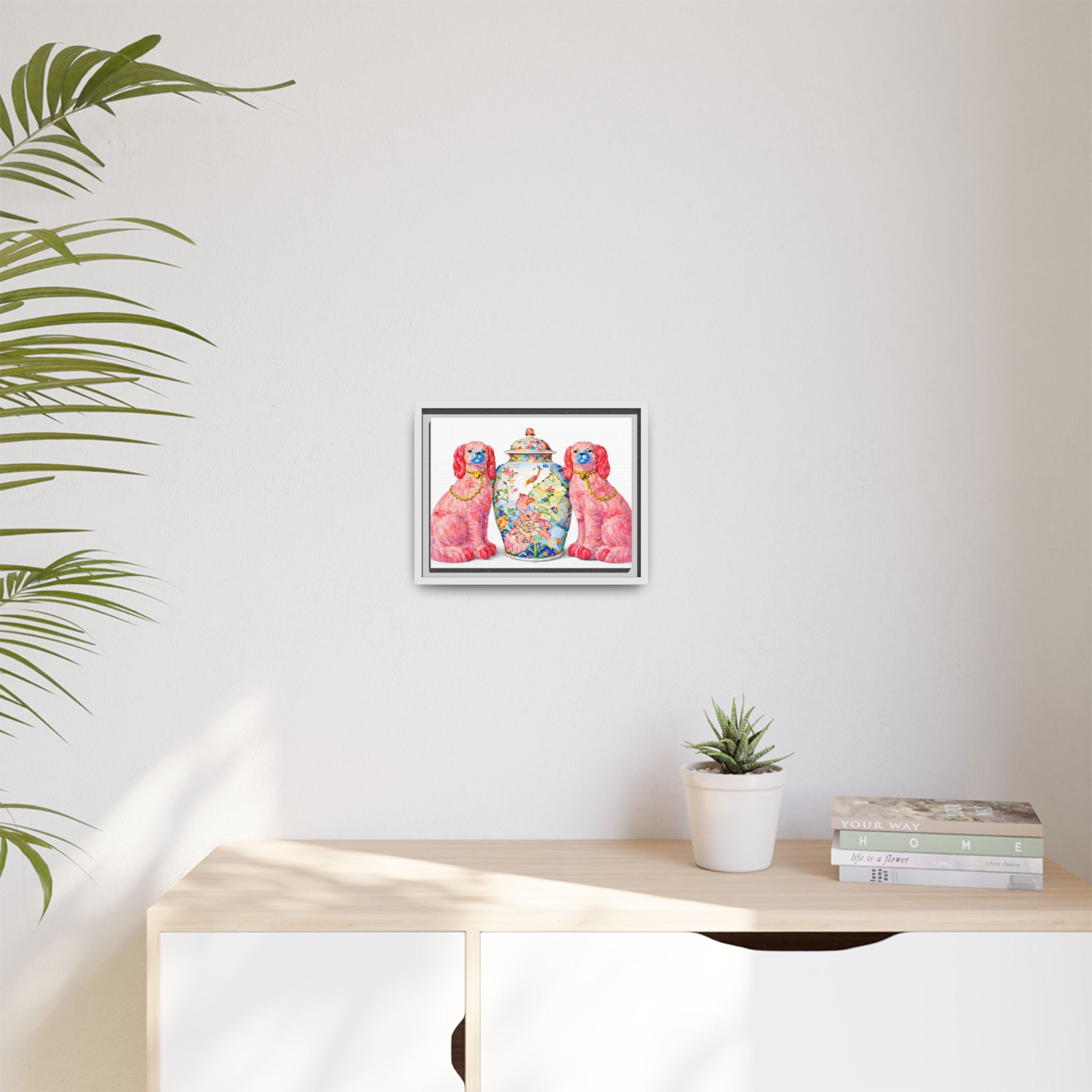 Pink Staffordshire Dogs & Floral Ginger Jar Framed Canvas