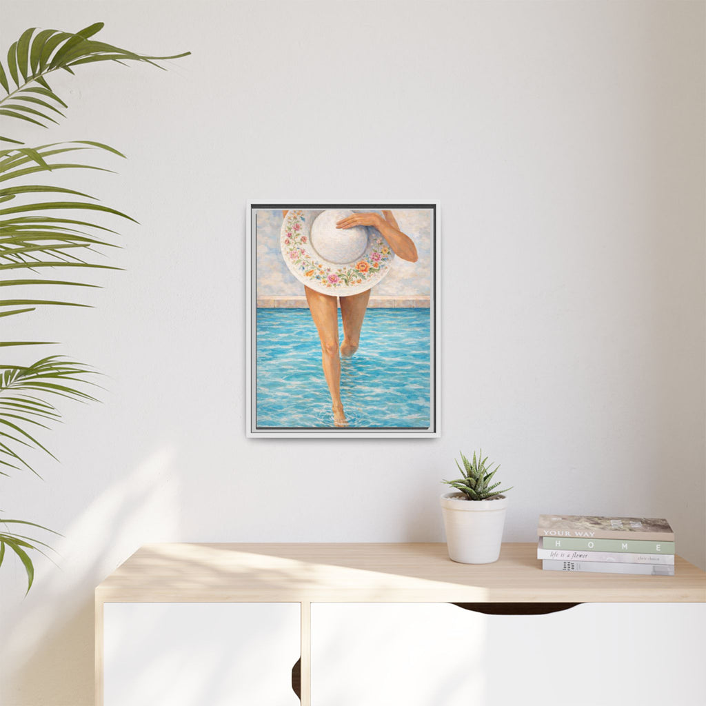 Summer Stroll Canvas Print — Woman with Floral Sun Hat Framed Art
