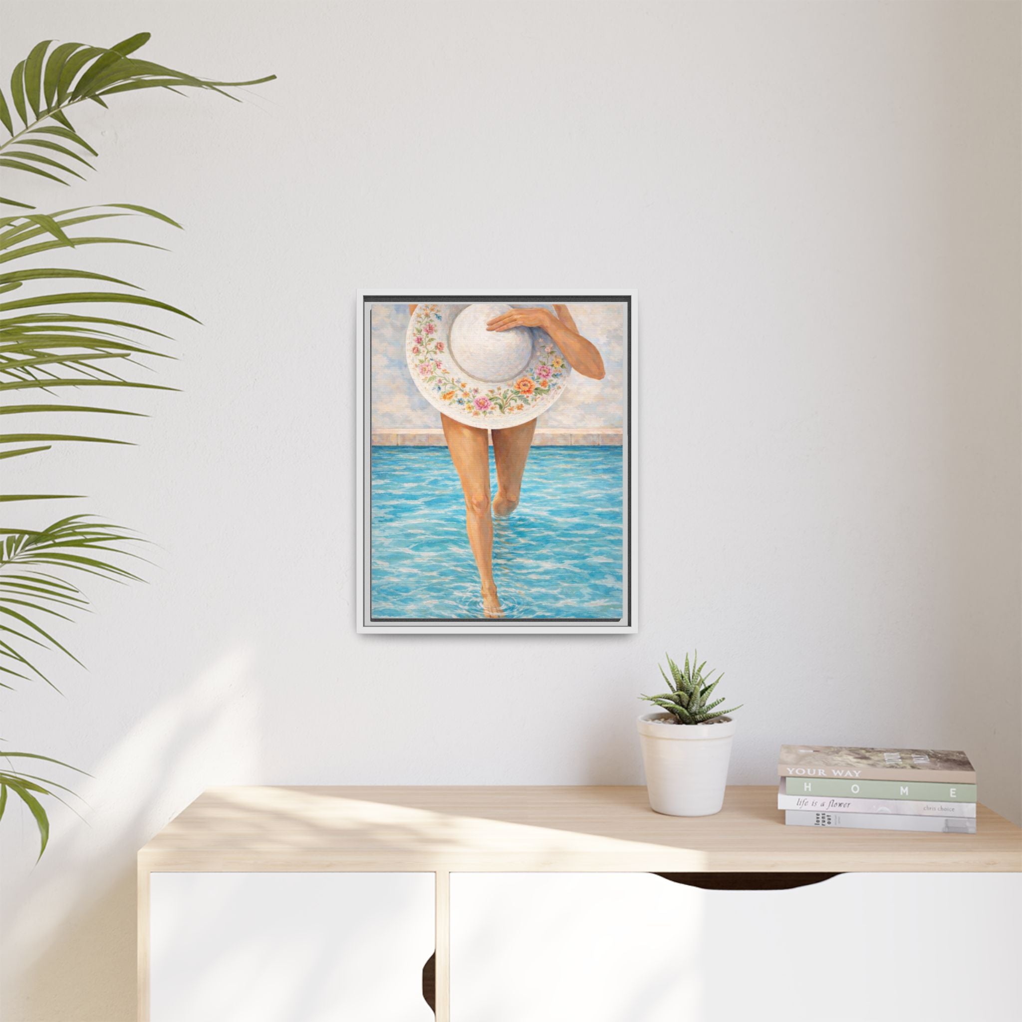 Summer Stroll Canvas Print — Woman with Floral Sun Hat Framed Art