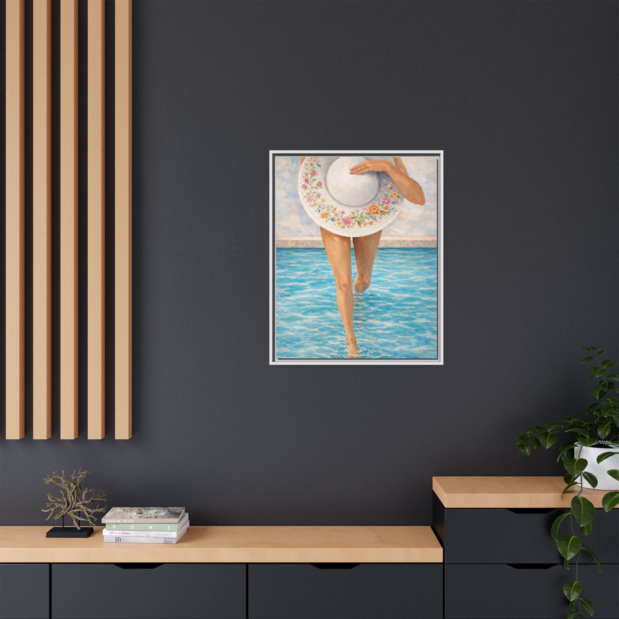 Summer Stroll Canvas Print — Woman with Floral Sun Hat Framed Art