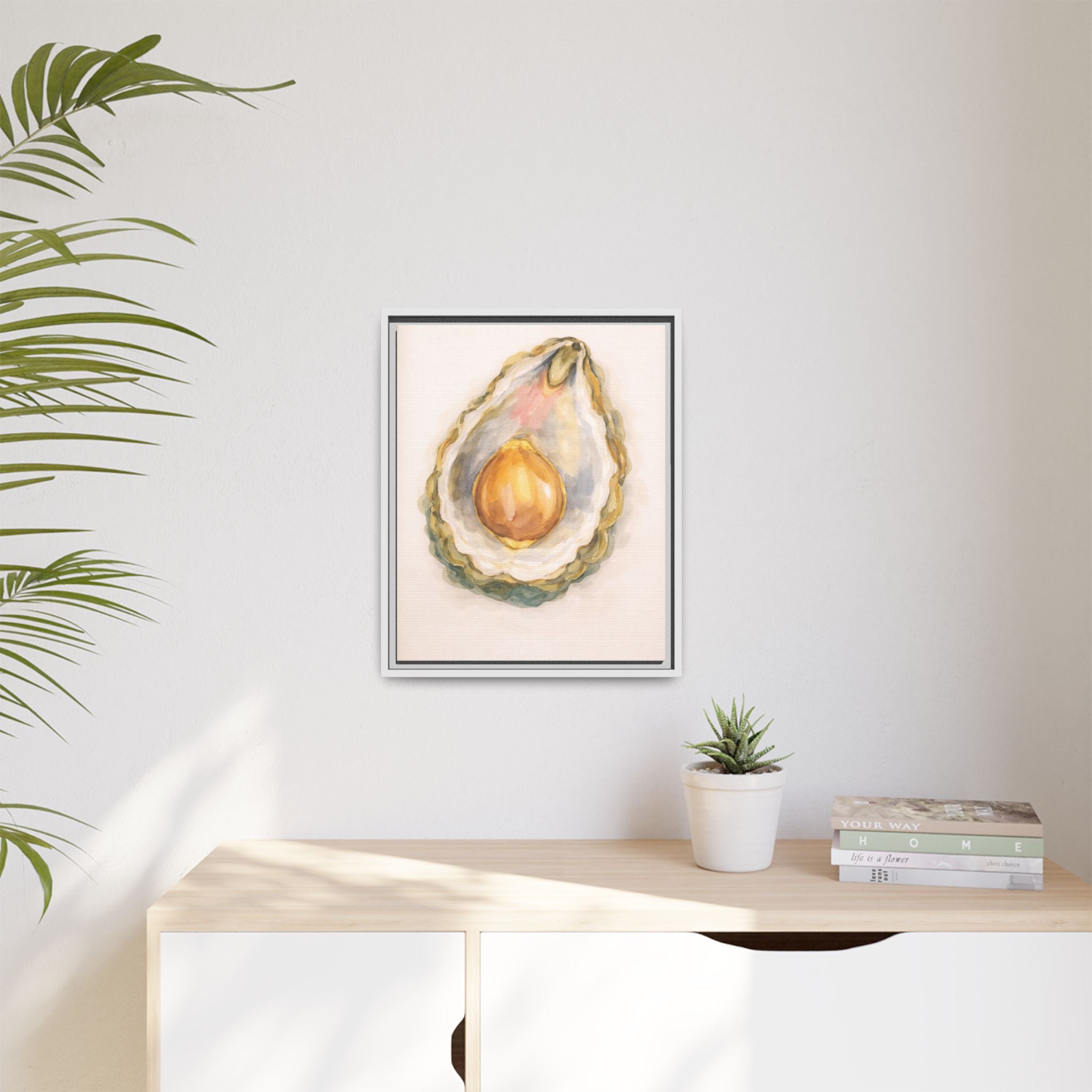 Oyster Pearl Watercolor Framed Canvas Print