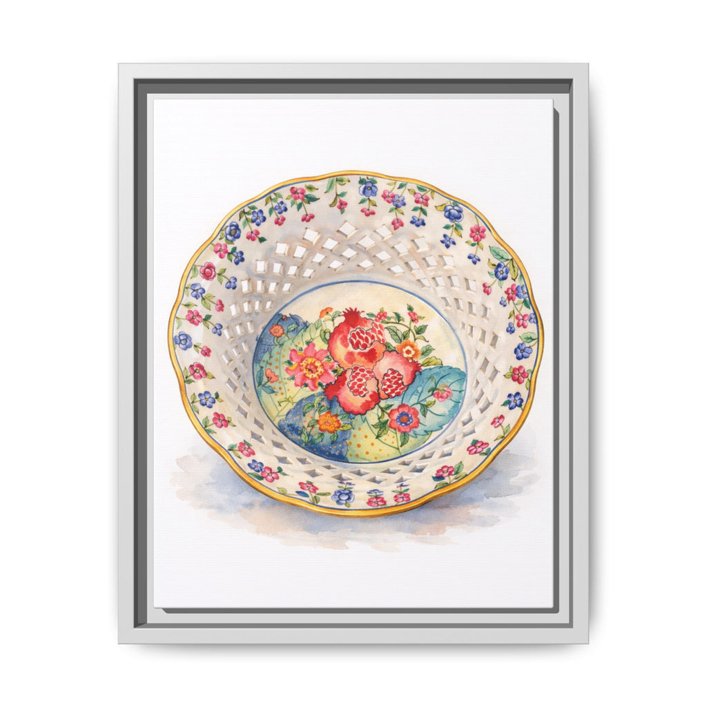 Framed Floral China Plate Canvas Print — Vintage Botanical Wall Art