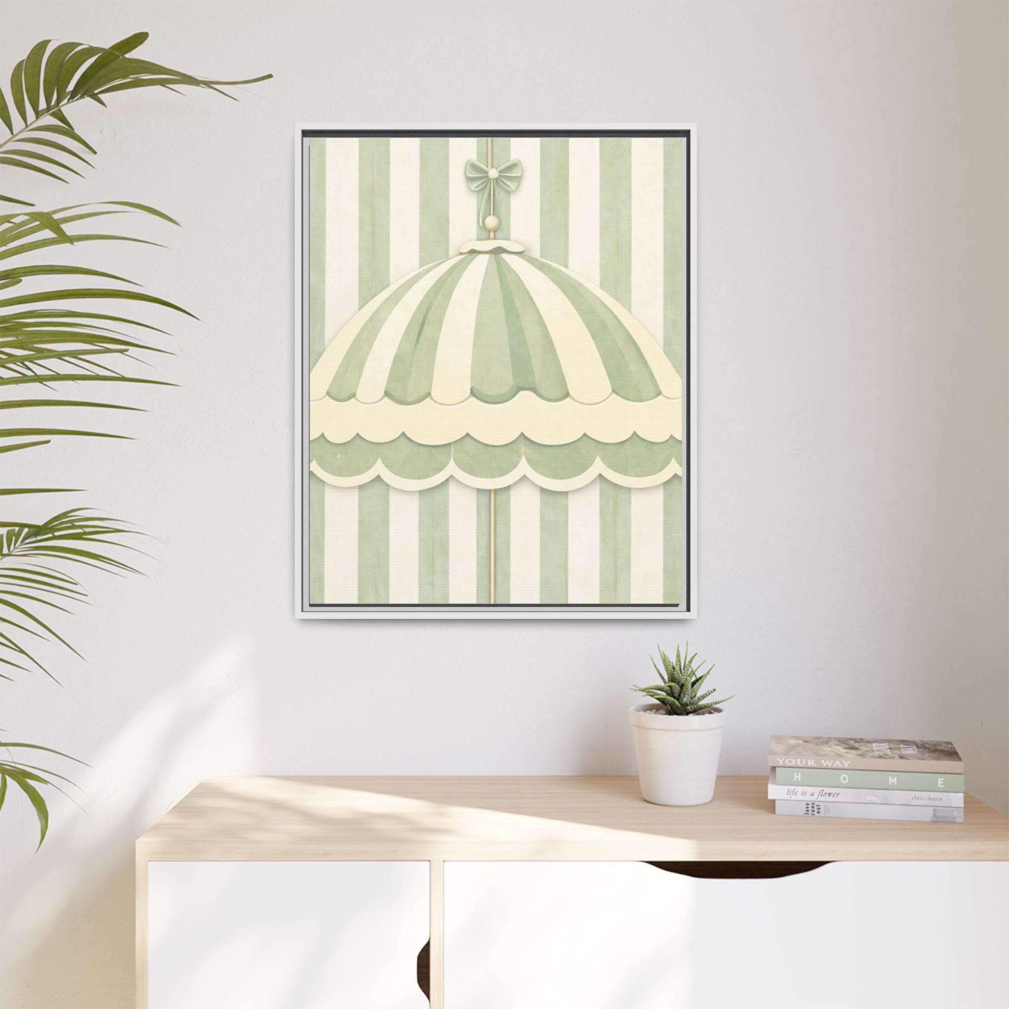 Vintage Carousel Canopy Wall Art — Framed Matte Canvas (Green Stripe Nursery)