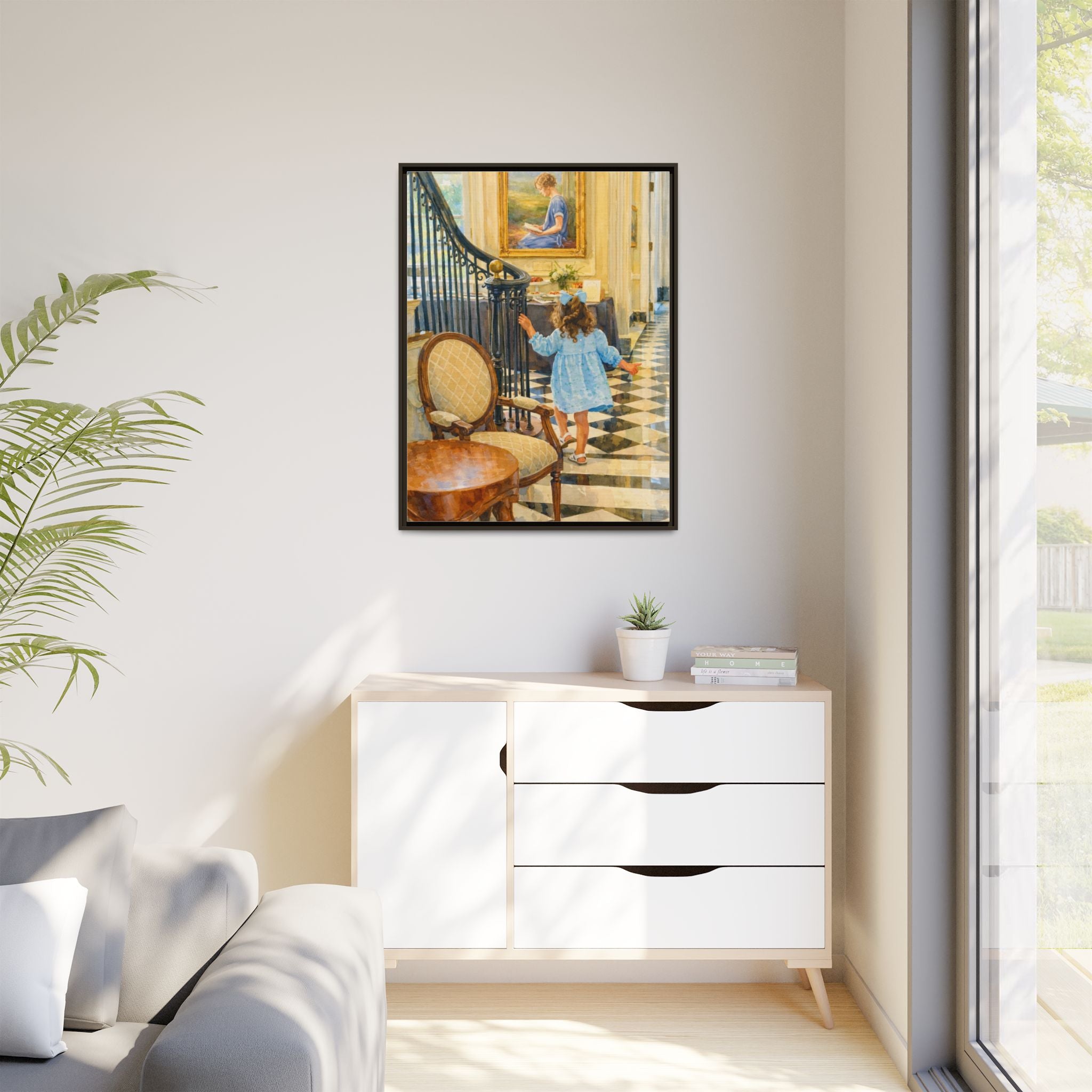 Framed Canvas Art – Little Girl in Blue Dress Vintage Hallway Print