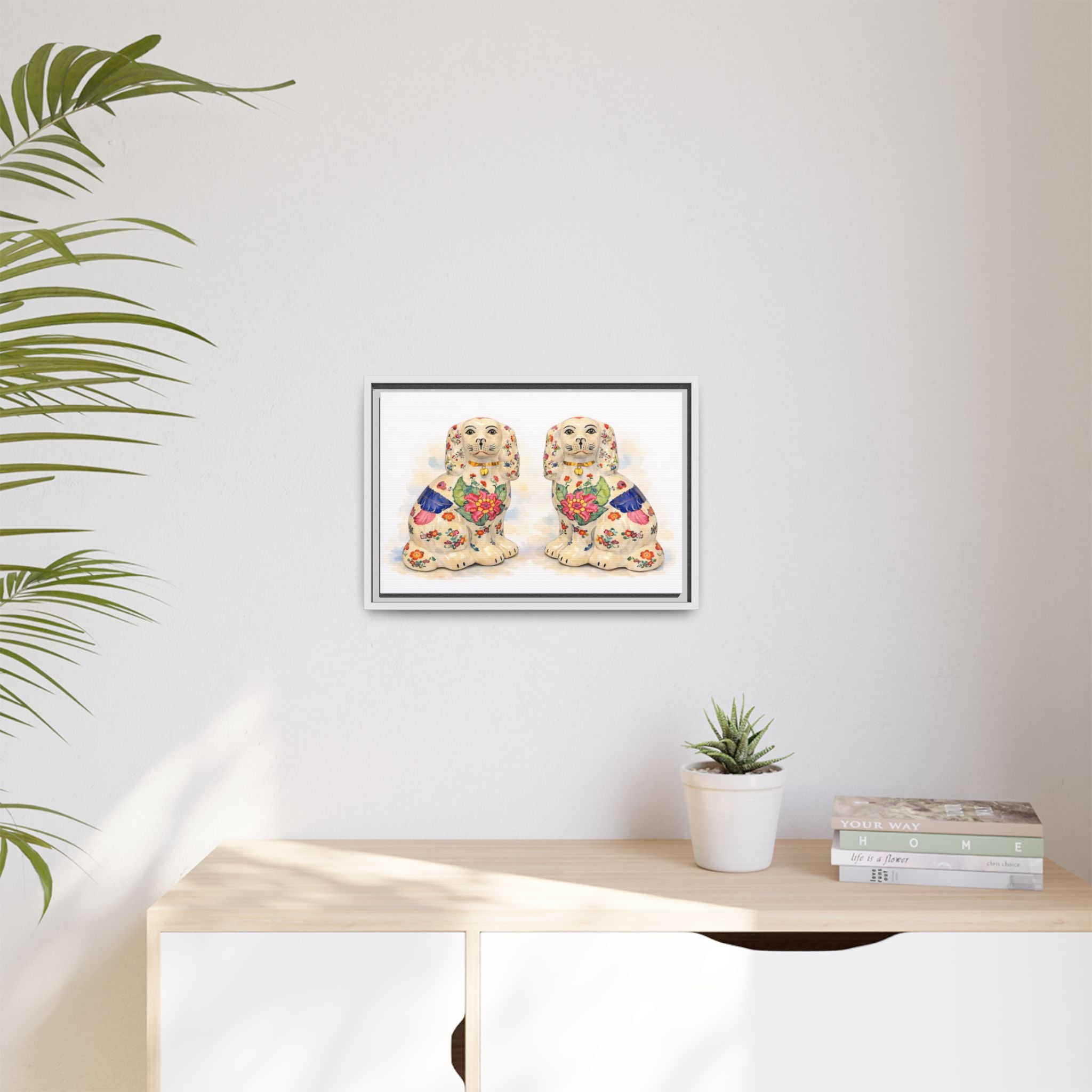 Framed Matte Canvas - Vintage Floral Staffordshire Spaniels Wall Art