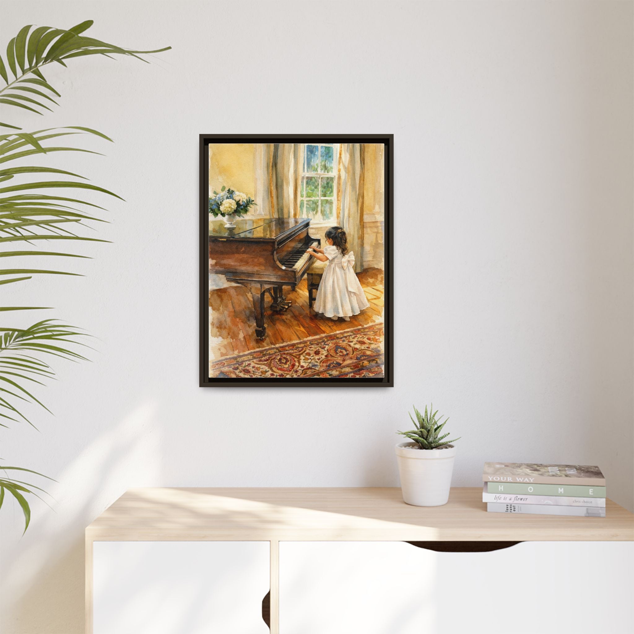 Framed Canvas Art - Little Girl at Piano Watercolor Print