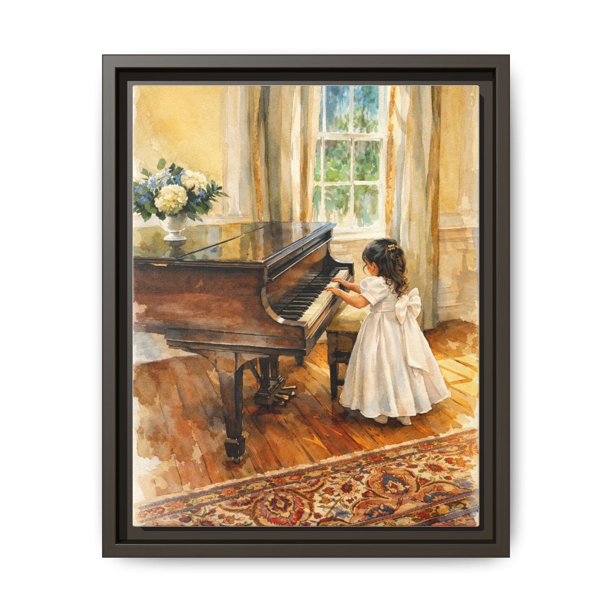 Framed Canvas Art - Little Girl at Piano Watercolor Print
