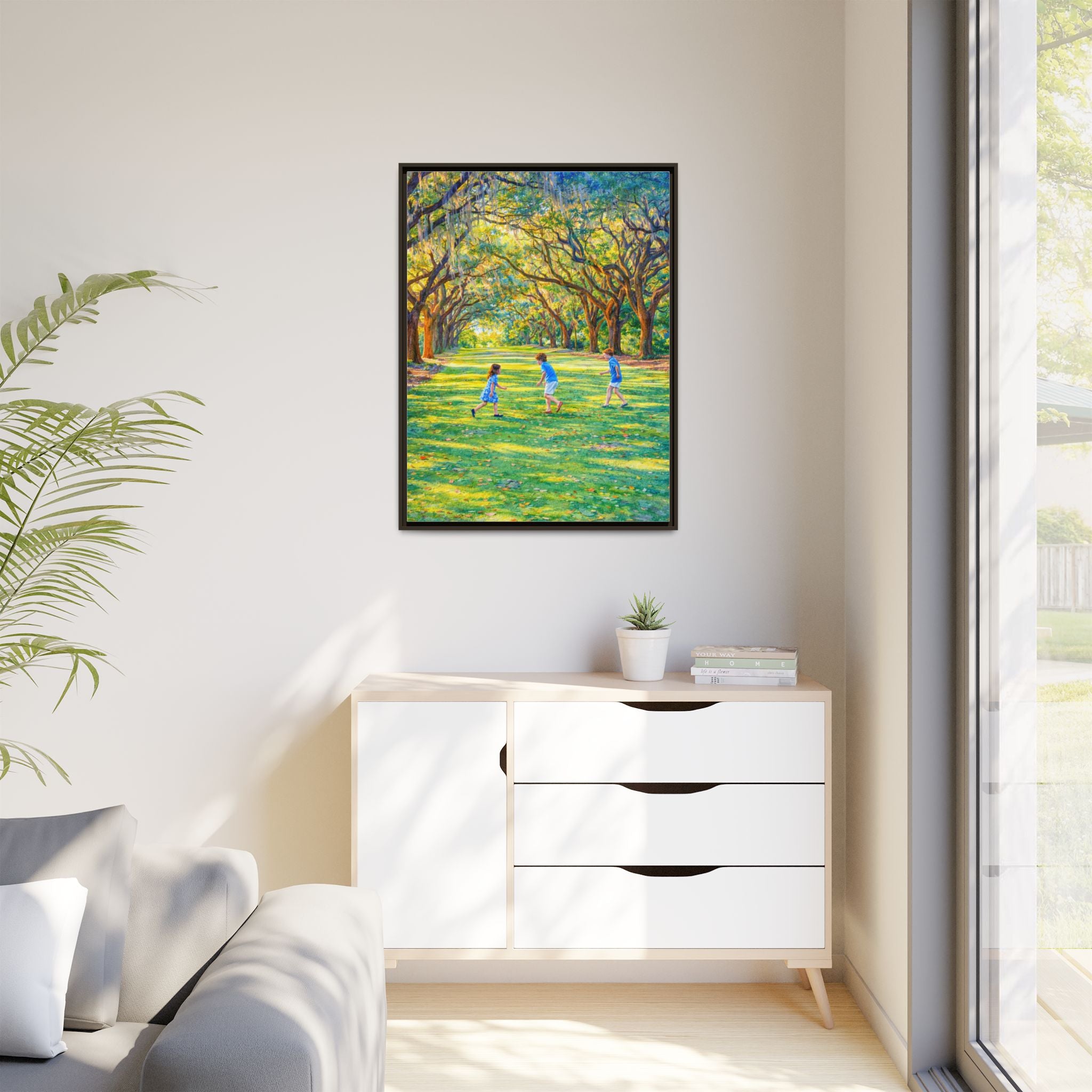 Framed Canvas Print — Children Playing Under Sunlit Oak Trees (Matte)