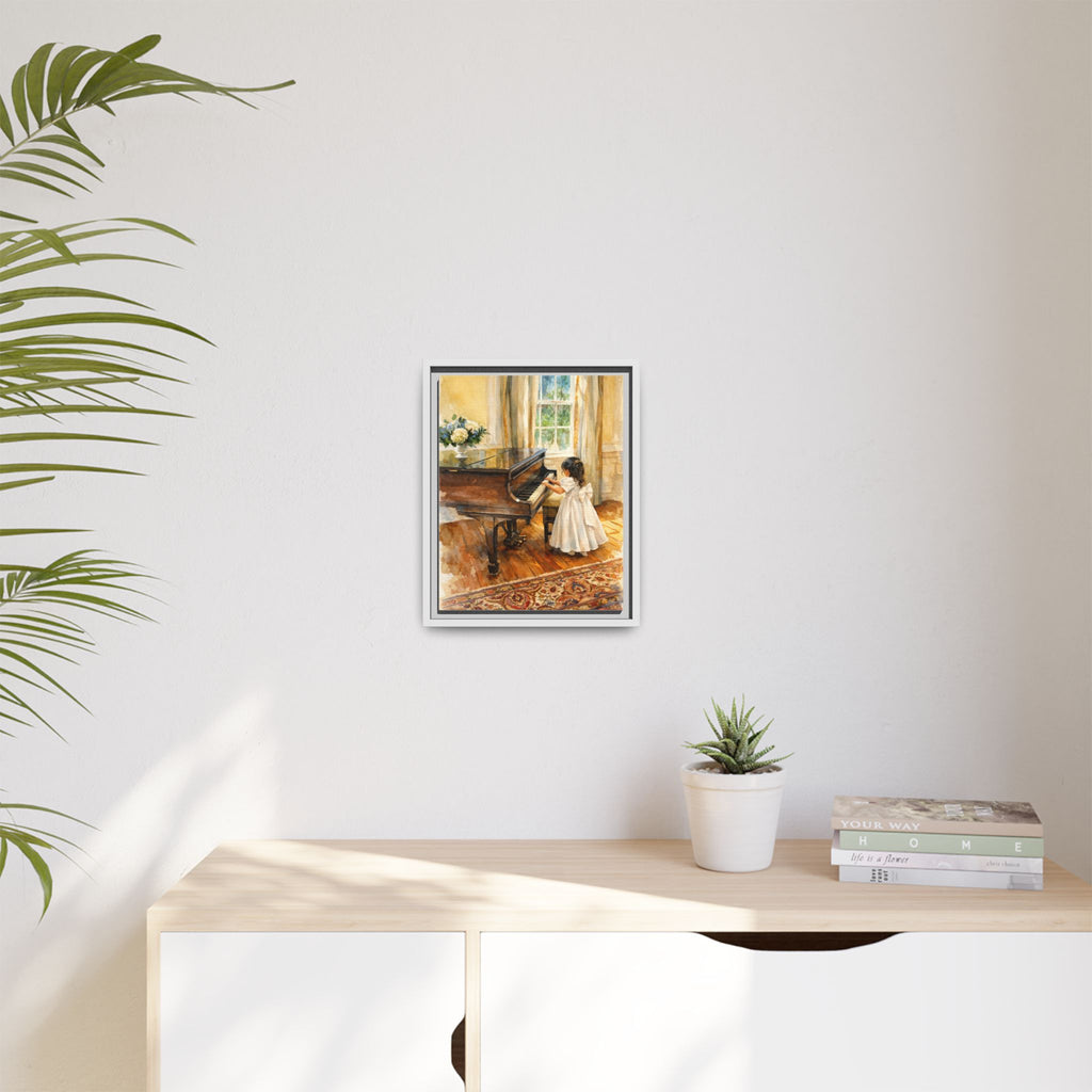 Framed Canvas Art - Little Girl at Piano Watercolor Print
