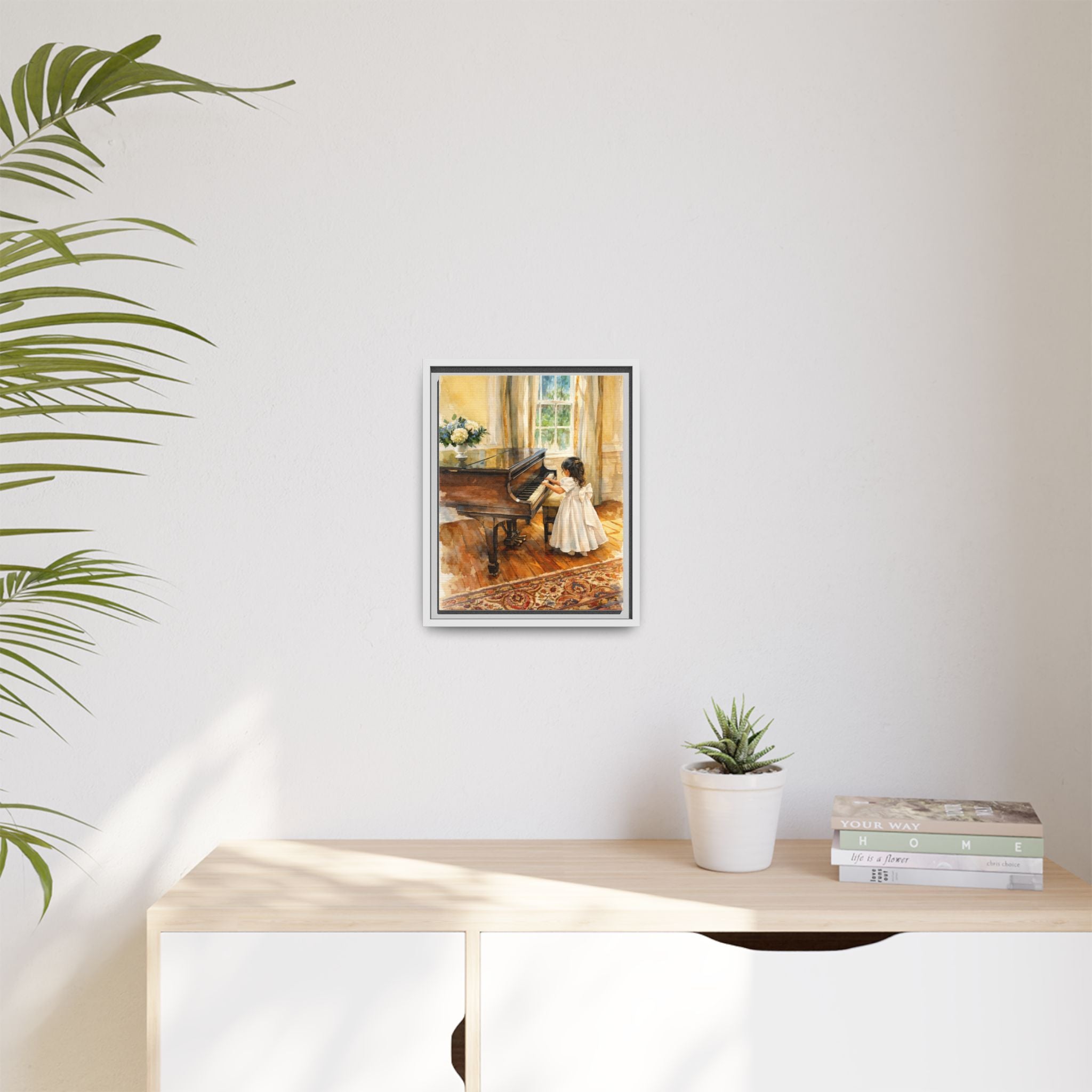 Framed Canvas Art - Little Girl at Piano Watercolor Print
