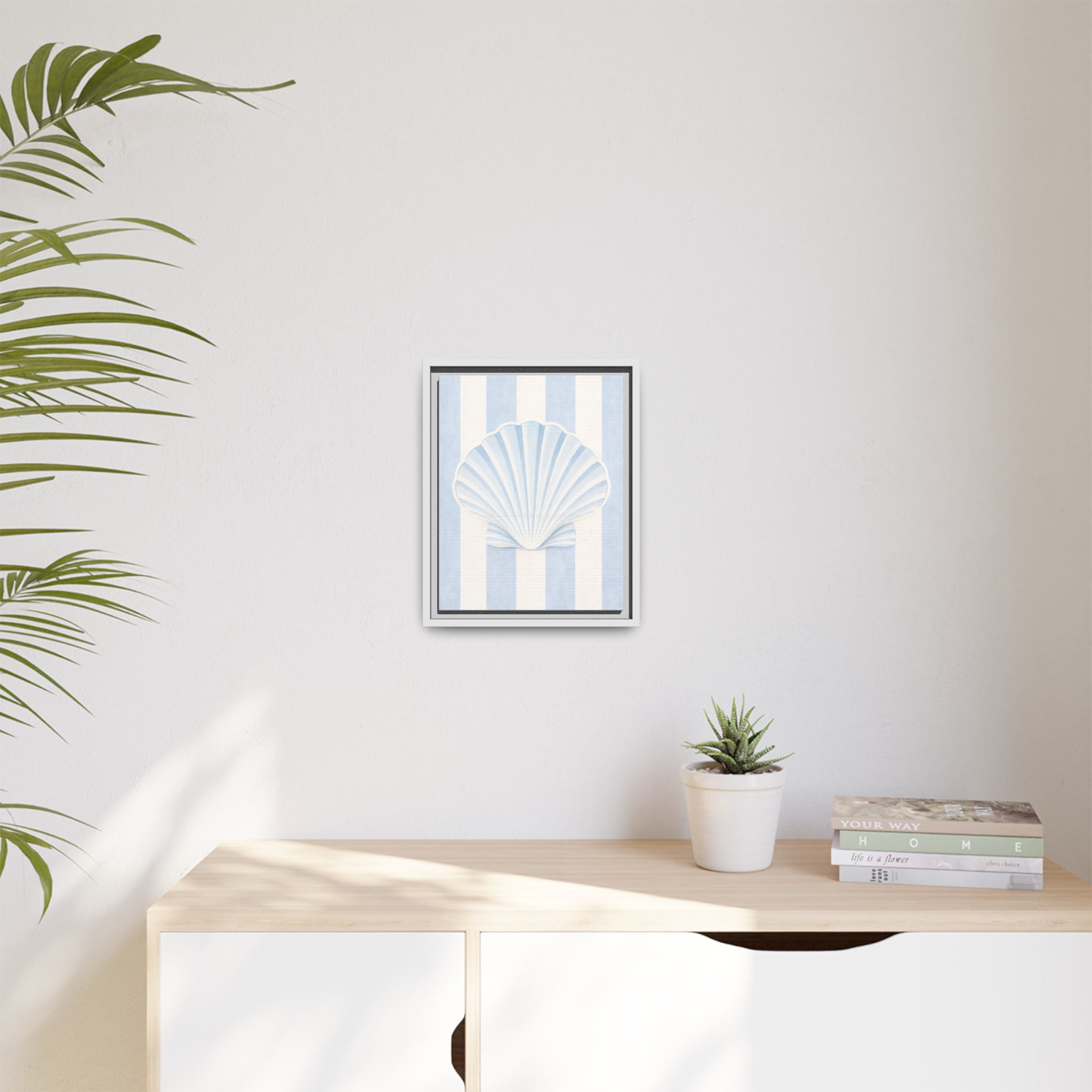 Seashell Stripes Framed Canvas Art — Coastal Blue Wall Decor