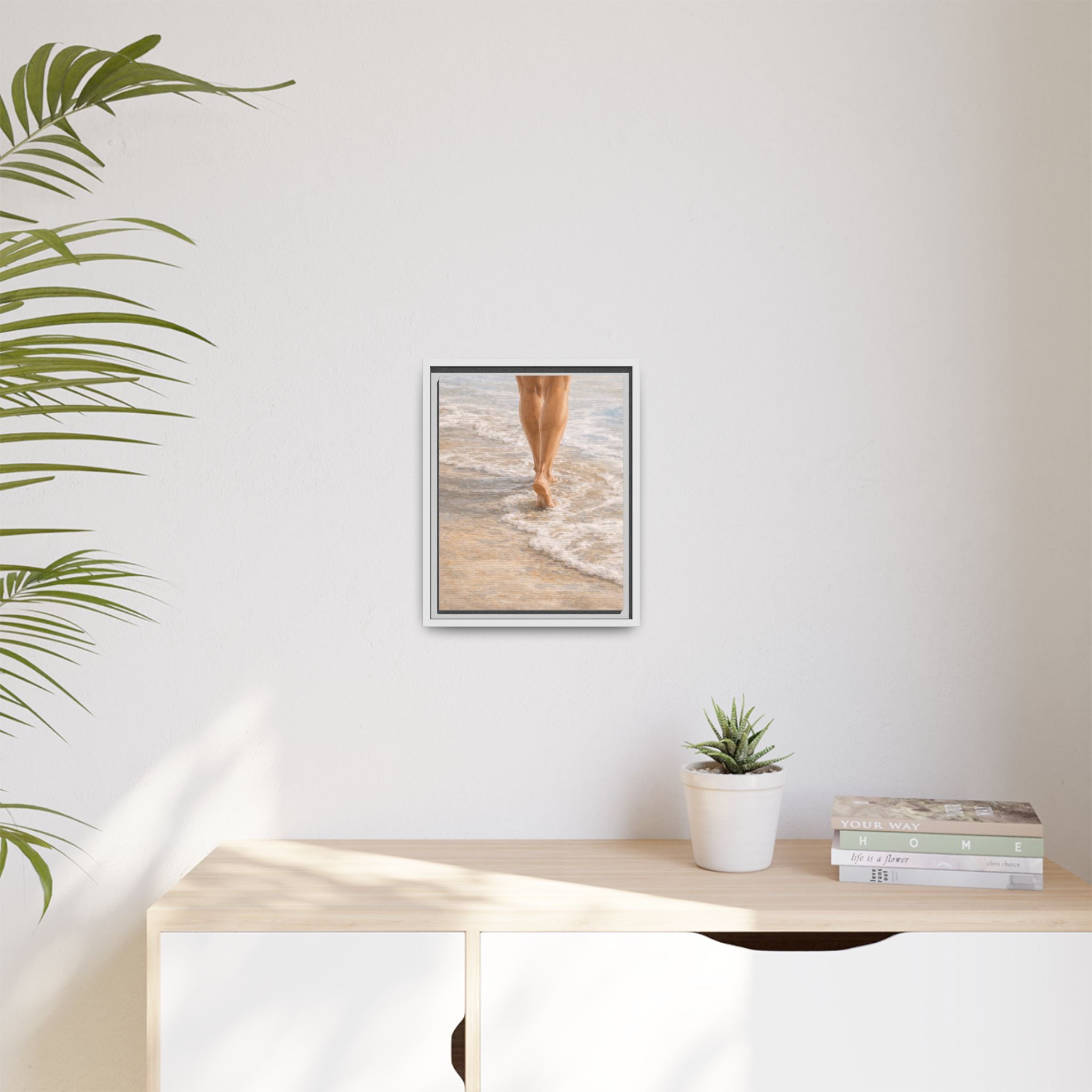 Framed Canvas Art — Bare Feet Walking on Beach Seashore Print