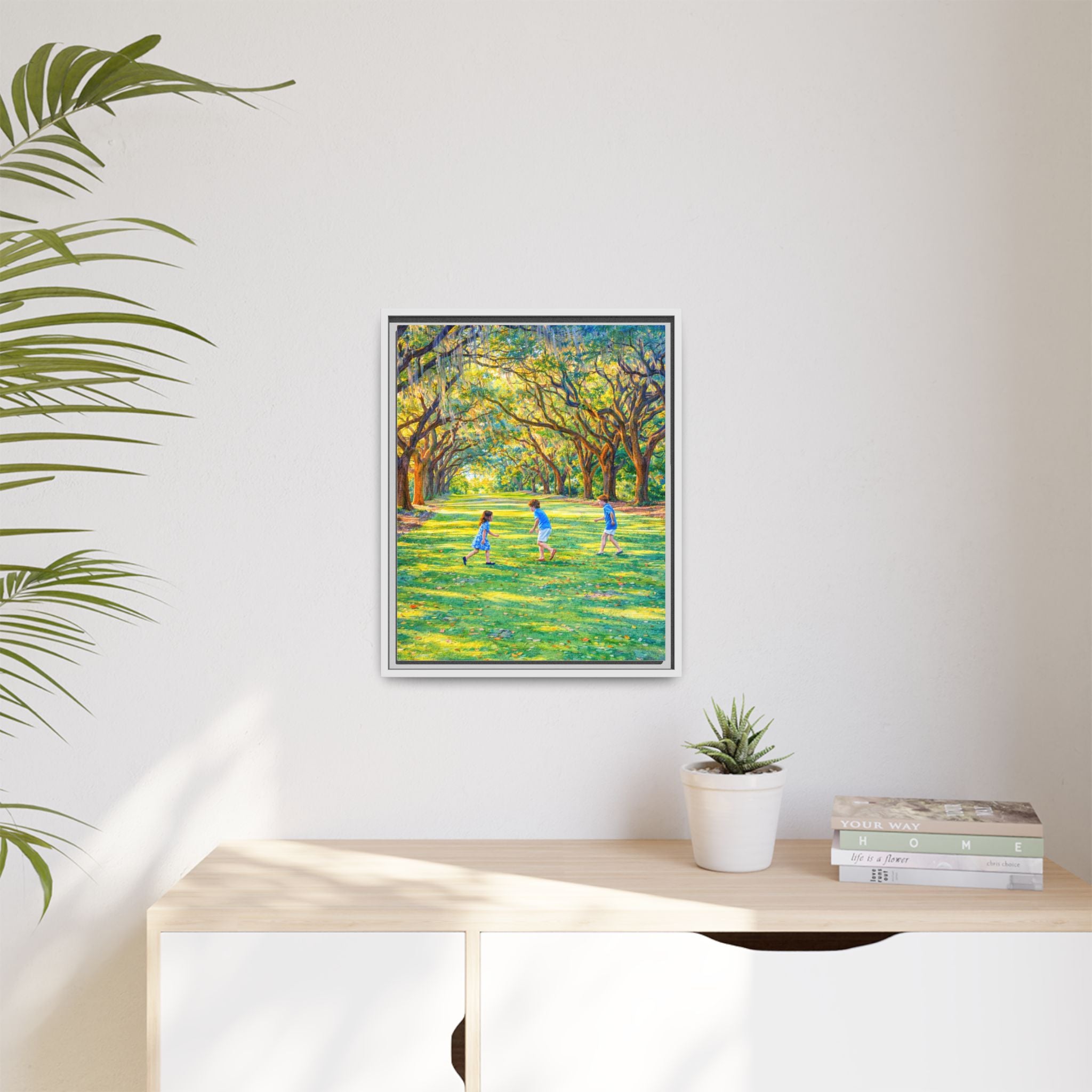 Framed Canvas Print — Children Playing Under Sunlit Oak Trees (Matte)
