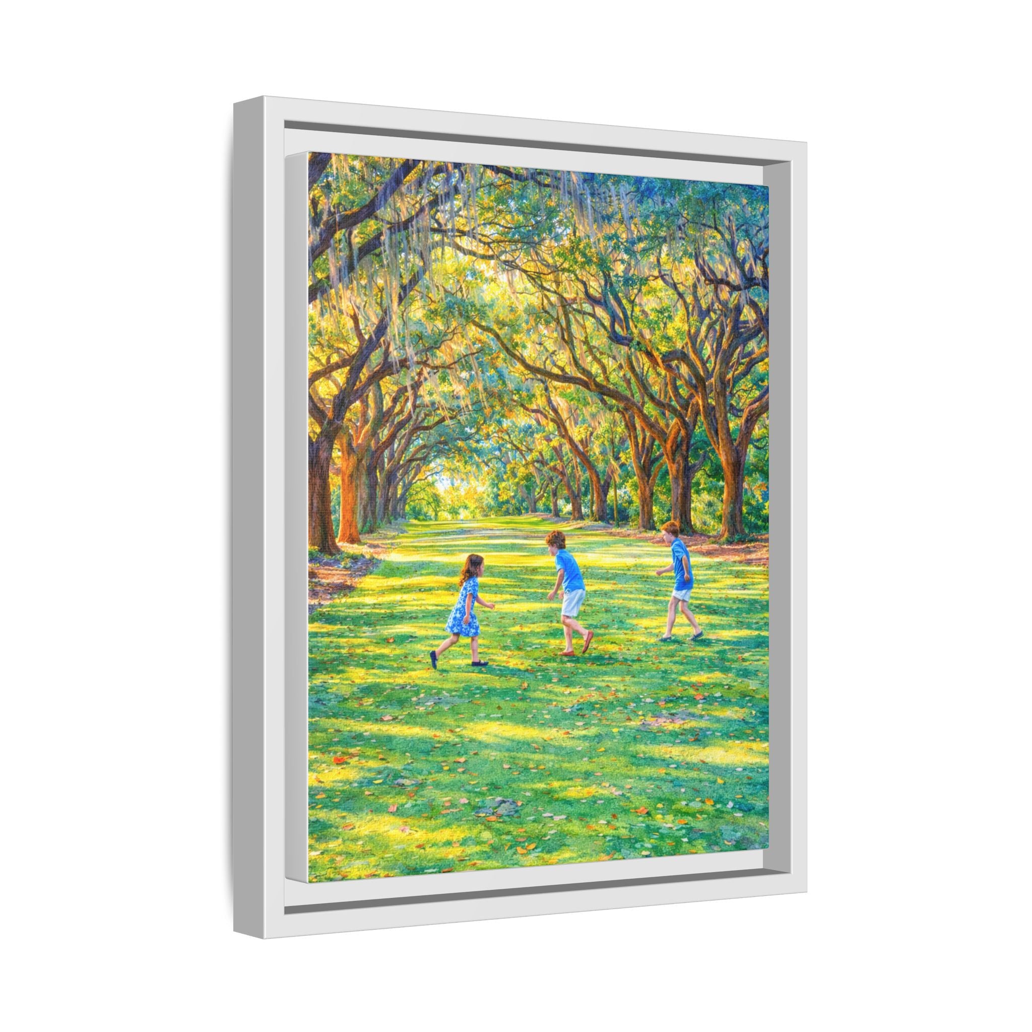 Framed Canvas Print — Children Playing Under Sunlit Oak Trees (Matte)