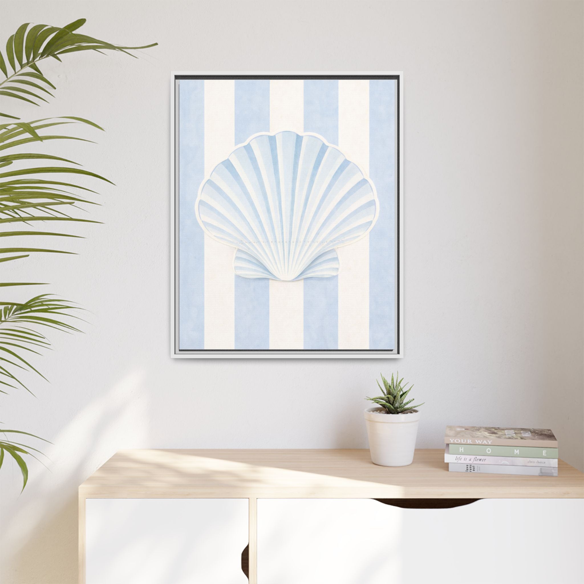Seashell Stripes Framed Canvas Art — Coastal Blue Wall Decor